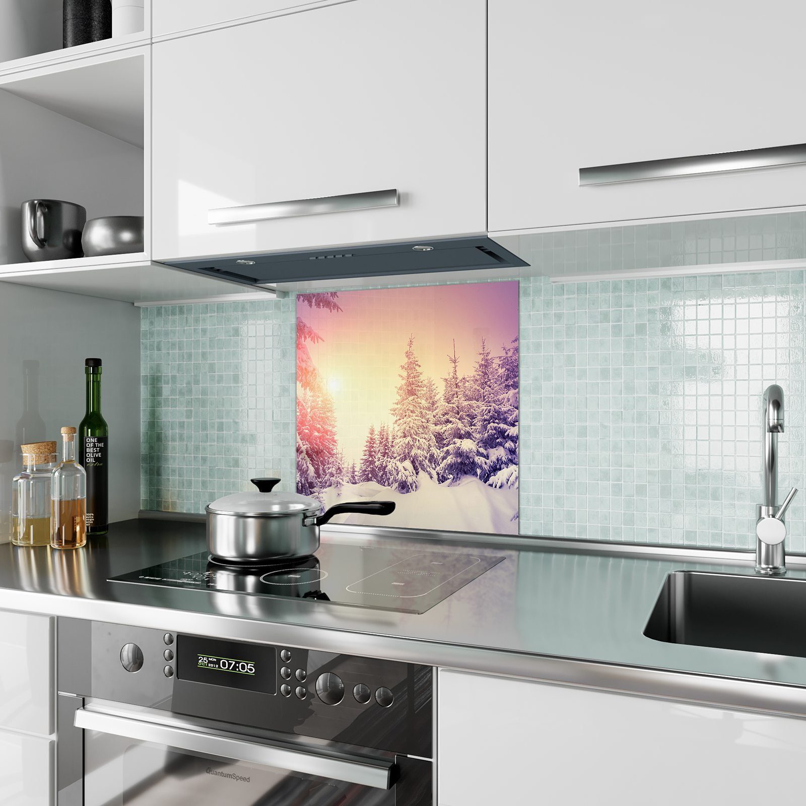 Primedeco Küchenrückwand Küchenrückwand Spritzschutz Sonnenlicht mit Landschaft Motiv auf Glas