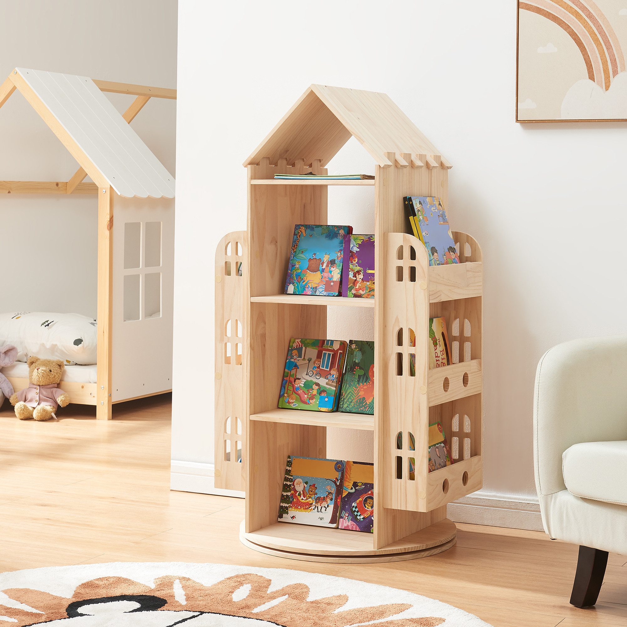 en.casa Kinderregal, drehbar »Sanköre« in Hausoptik 122x64x43 cm Kiefernhol günstig online kaufen