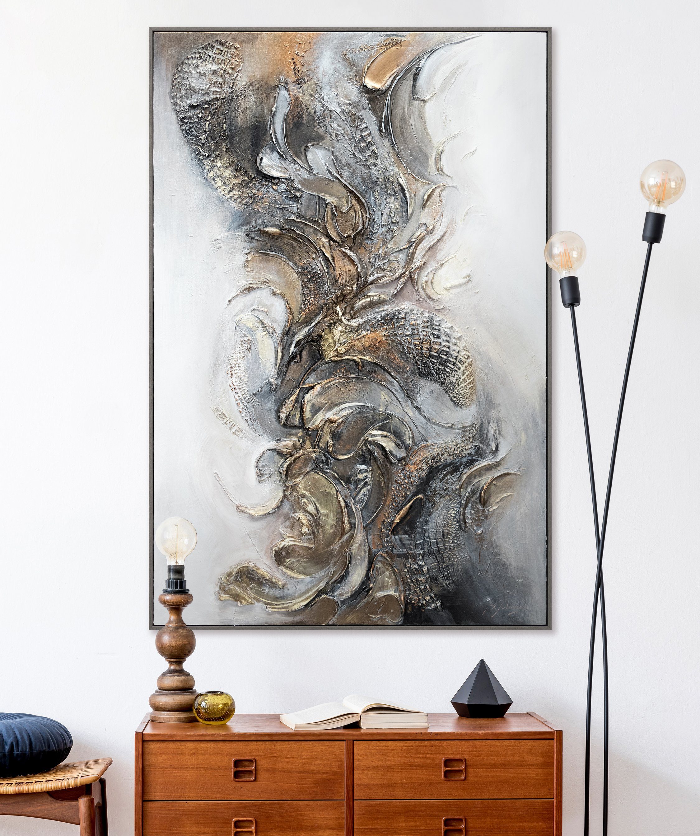 YS-Art Gemälde Leinwand Abstraktion, Melodie, Handgemalt Abstrakt Gold mit Rahmen Vertikales Bild