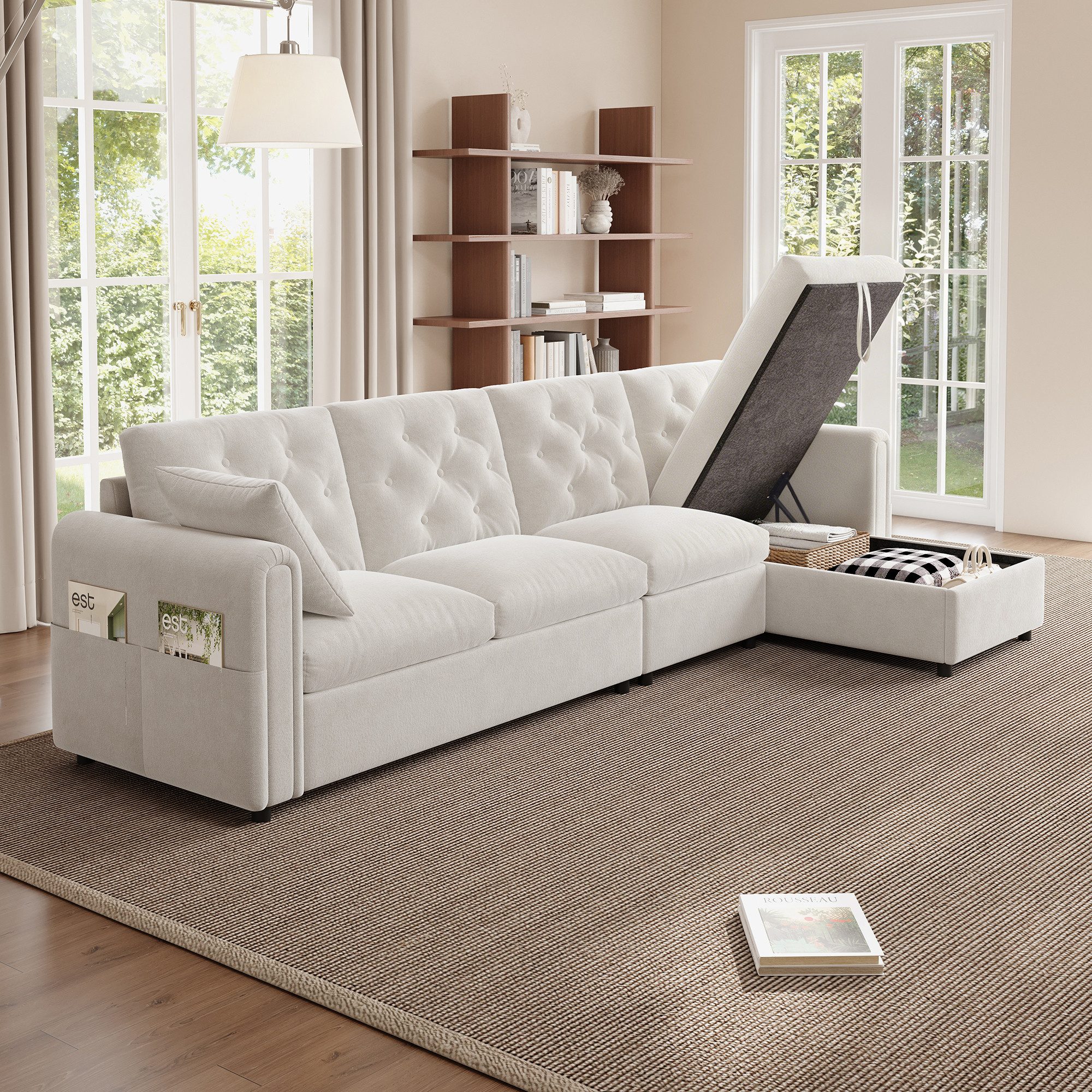 Flieks Ecksofa links und rechts austauschbar, 4-Sitzer, Samtbezug, L-förmiger Sofa mit Schlaffunktion, Bettkasten, Zierkissen und Taschen