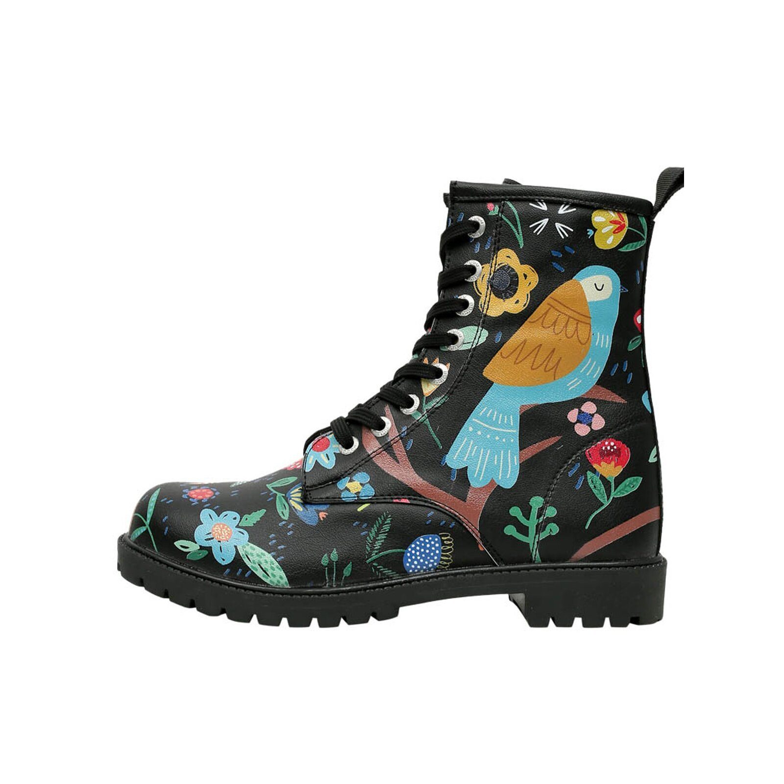 DOGO Long Boots Schnürstiefel Flower & Birds Black Damen Schnürboots Handgefertigt