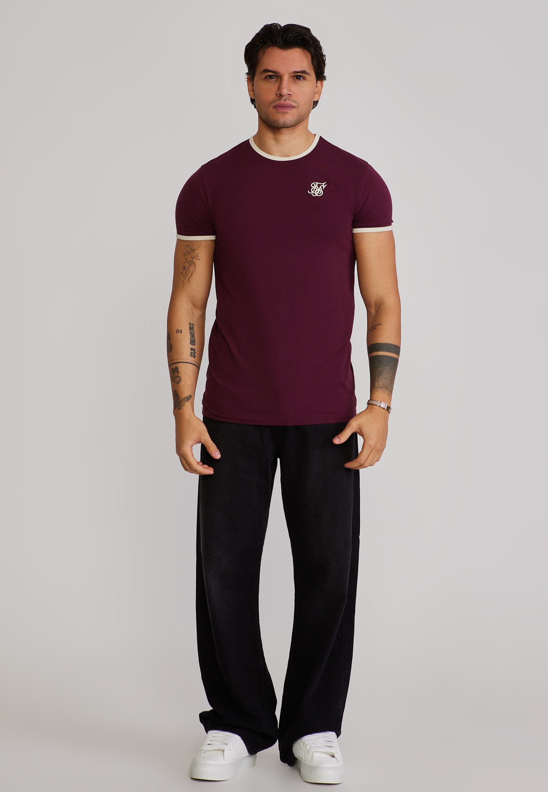 Siksilk T-Shirt SikSilk Herren Burgunderrot and Ecru Ringer T-Shirt