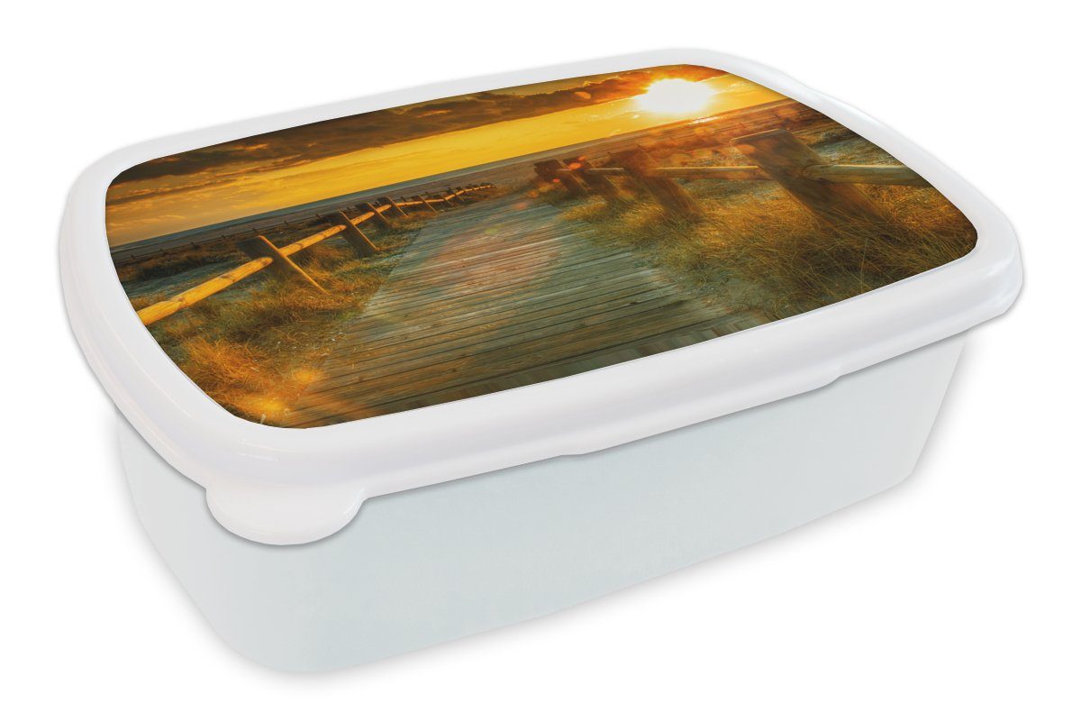 MuchoWow Lunchbox Sonne - Strand - Düne - Horizont - Gras - Weg - Orange, Kunststoff, (2-tlg), Brotbox für Kinder und Erwachsene, Brotdose, für Jungs und Mädchen weiß