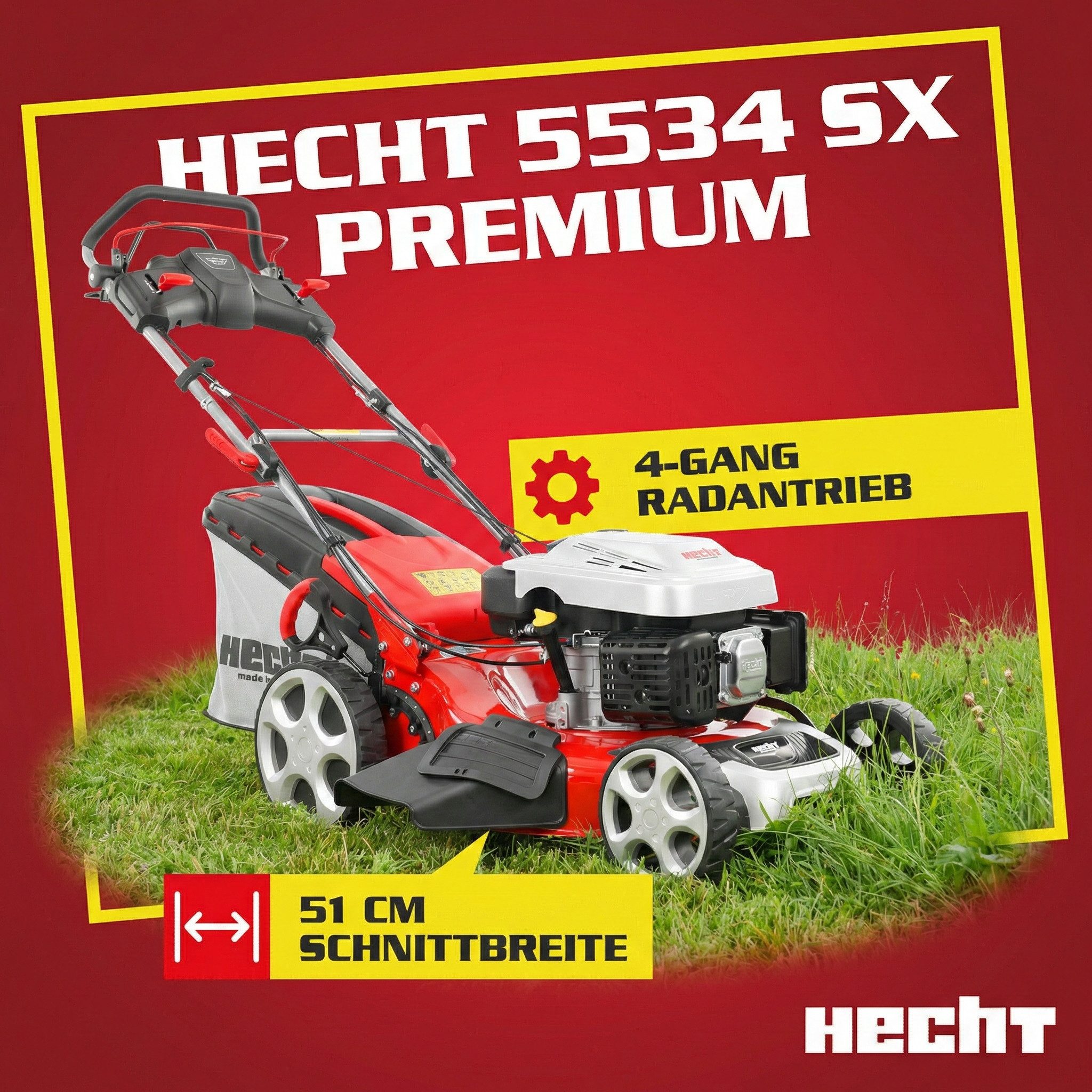 Hecht Benzinrasenmäher 5534 SX, 4,4 kW / 6 PS mit Radantrieb, 5-in-1, 51 cm Schnittbreite, 60l Fangkorb, Seitenauswurf, 4 Gang-Getriebe