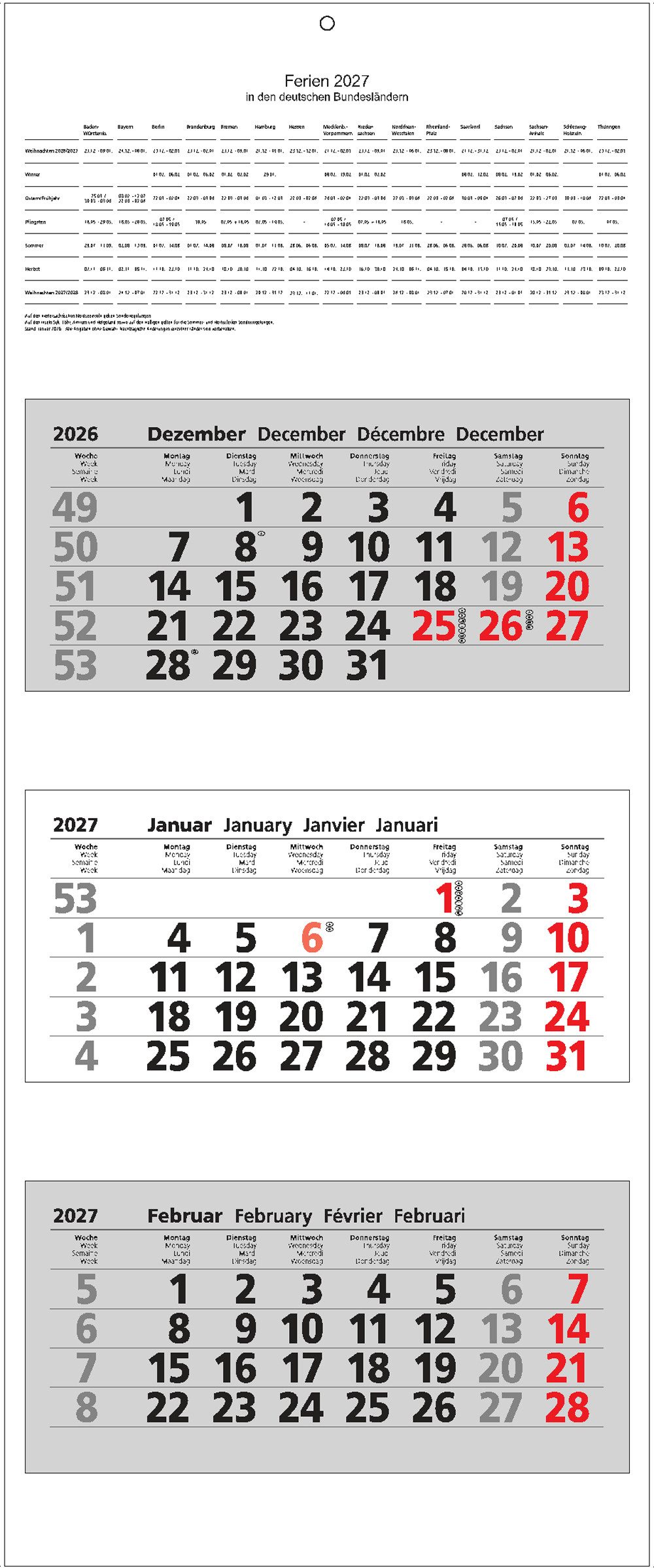 ADINA Wandkalender 2027 ADINA Dreimonatskalender 70x33cm mit Tagesanzeiger in Blockform