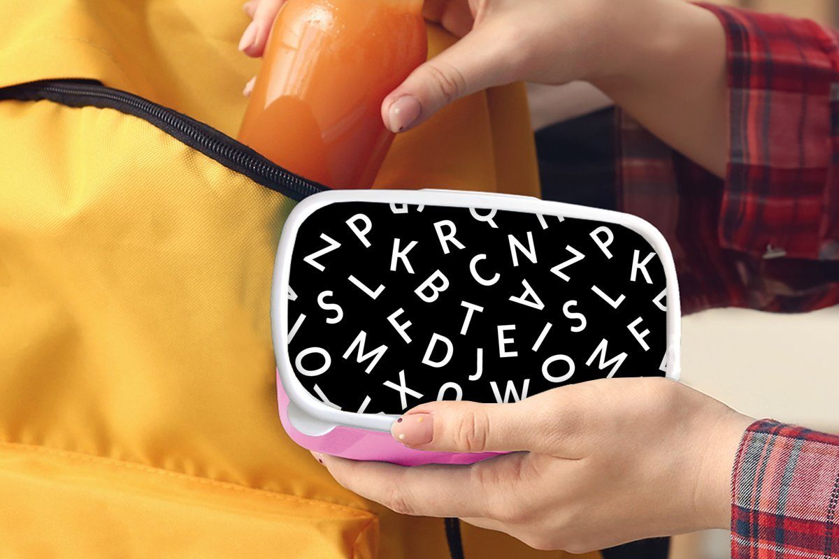 (2-tlg), Brotdose Schwarz Kinder, Mädchen, Kunststoff - Lunchbox Kunststoff, Brotbox für Erwachsene, Weiß, MuchoWow - Snackbox, - rosa Buchstaben Muster