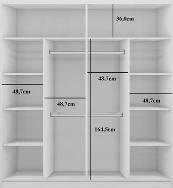 storez24 Schwebetürenschrank Hilda (Schiebetüren mit Spiegel und Lamellen, Garderobenschrank) 203 und 250 cm breit, goldene Eiche / Schwarz