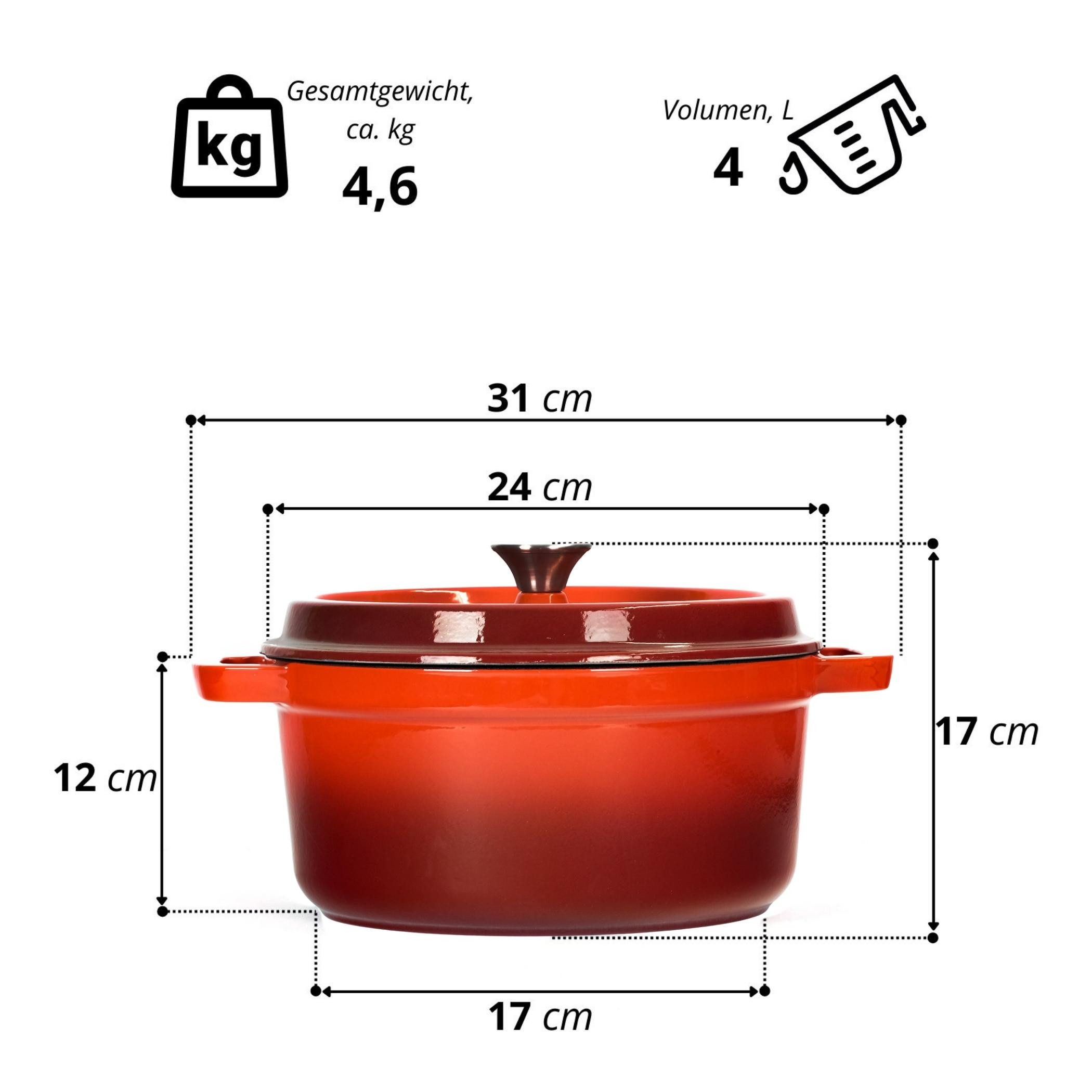 BIG-PAN Kochtopf Emaillierter Gusseisen Topf mit Deckel Ø24 cm 4L Bräter Dutch Oven, Gusseisen (Induktionsgeeignet Backofenfest, Kasserolle Brotbacktopf Cocotte)
