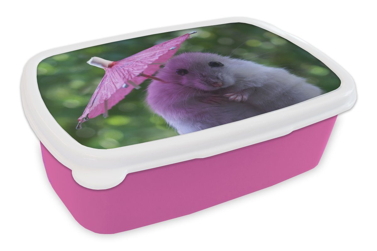 MuchoWow Lunchbox Hamster mit rosa Sonnenschirm, Kunststoff, (2-tlg), Brotbox für Erwachsene, Brotdose Kinder, Snackbox, Mädchen, Kunststoff