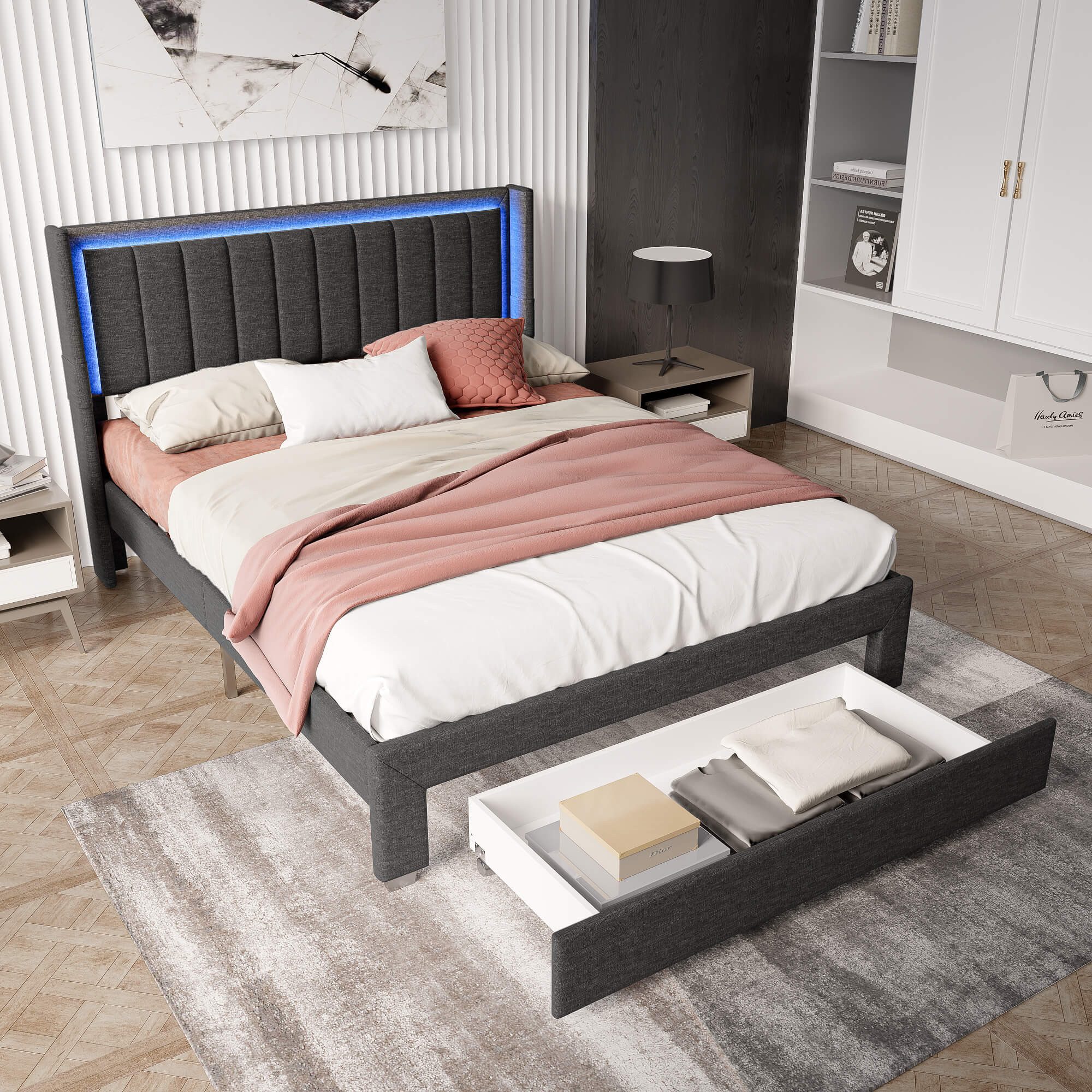 Furnishings Home Polsterbett Doppelbett mit Schublade LED-Licht USB-Anschluss (Set, Bett), Hausbett, mit Schublade, mit LED-Licht, mit USB-Anschluss