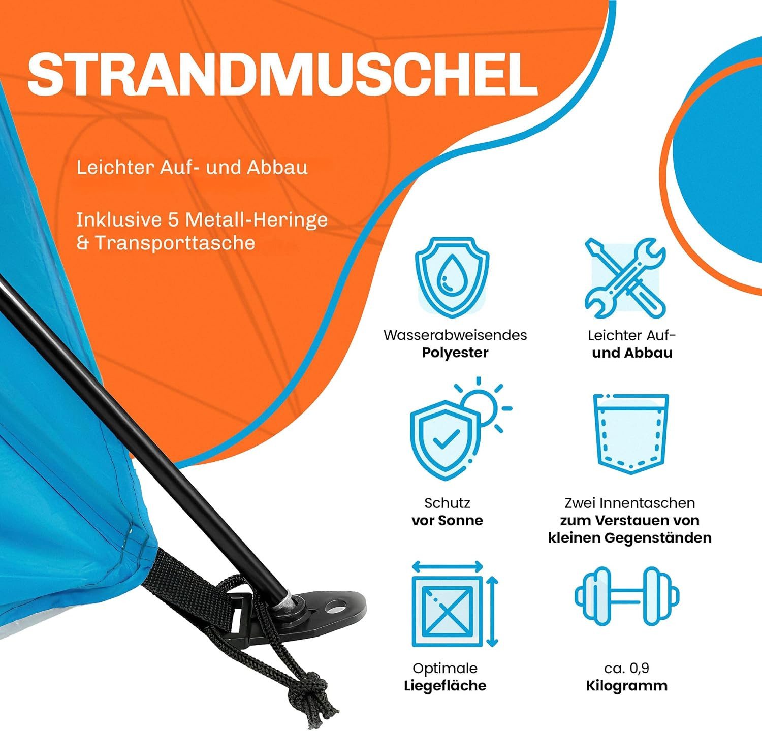 Blumixx Strandmuschel Pop Up Strandmuschel, Windschutz & Sonnenschutz, Personen: 3, kompakt faltbar, leichtes Reise-Strandzelt