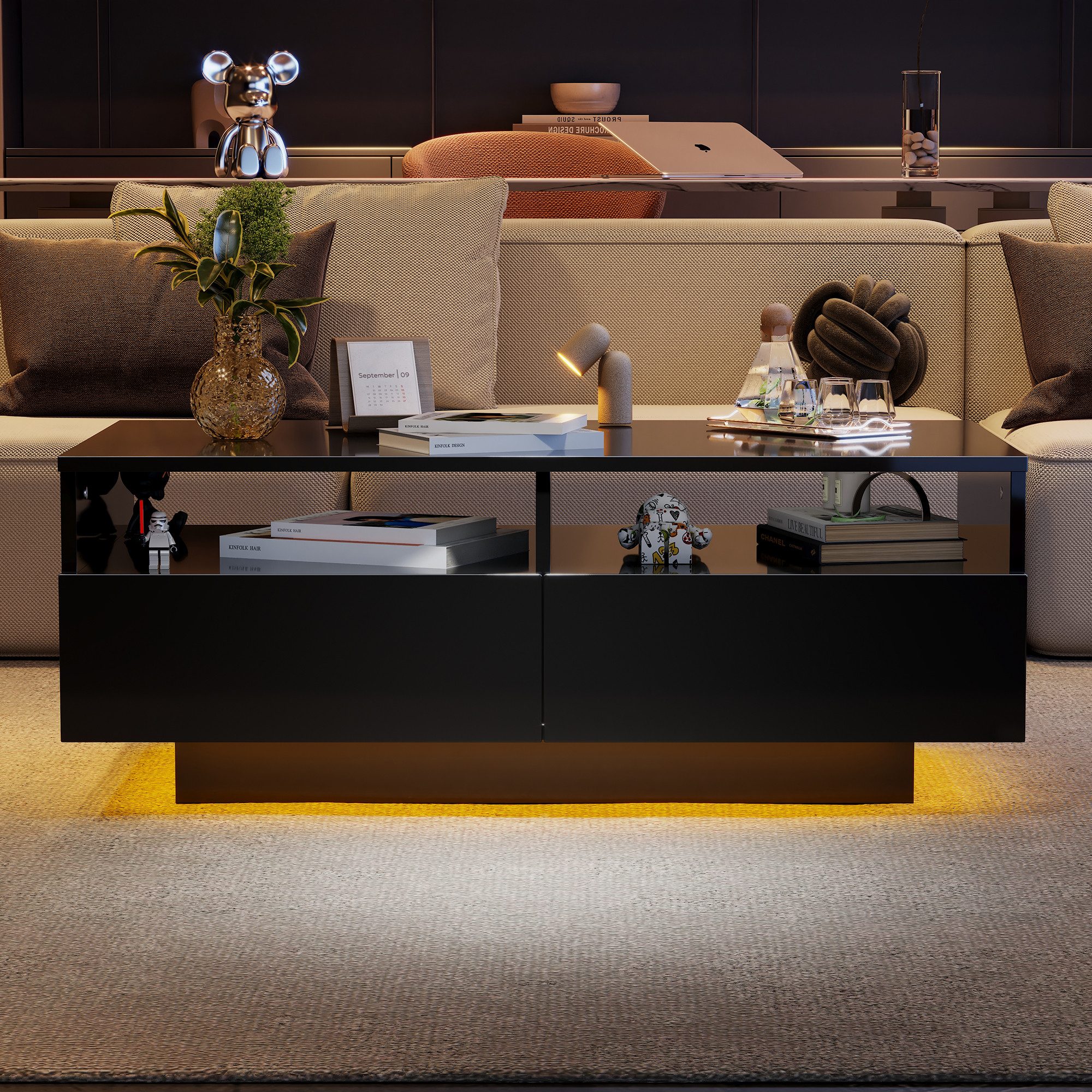 MODFU Couchtisch Sofatisch, mit 2 Schubladen,16 Farben LED Lichter,USB,90*5 günstig online kaufen