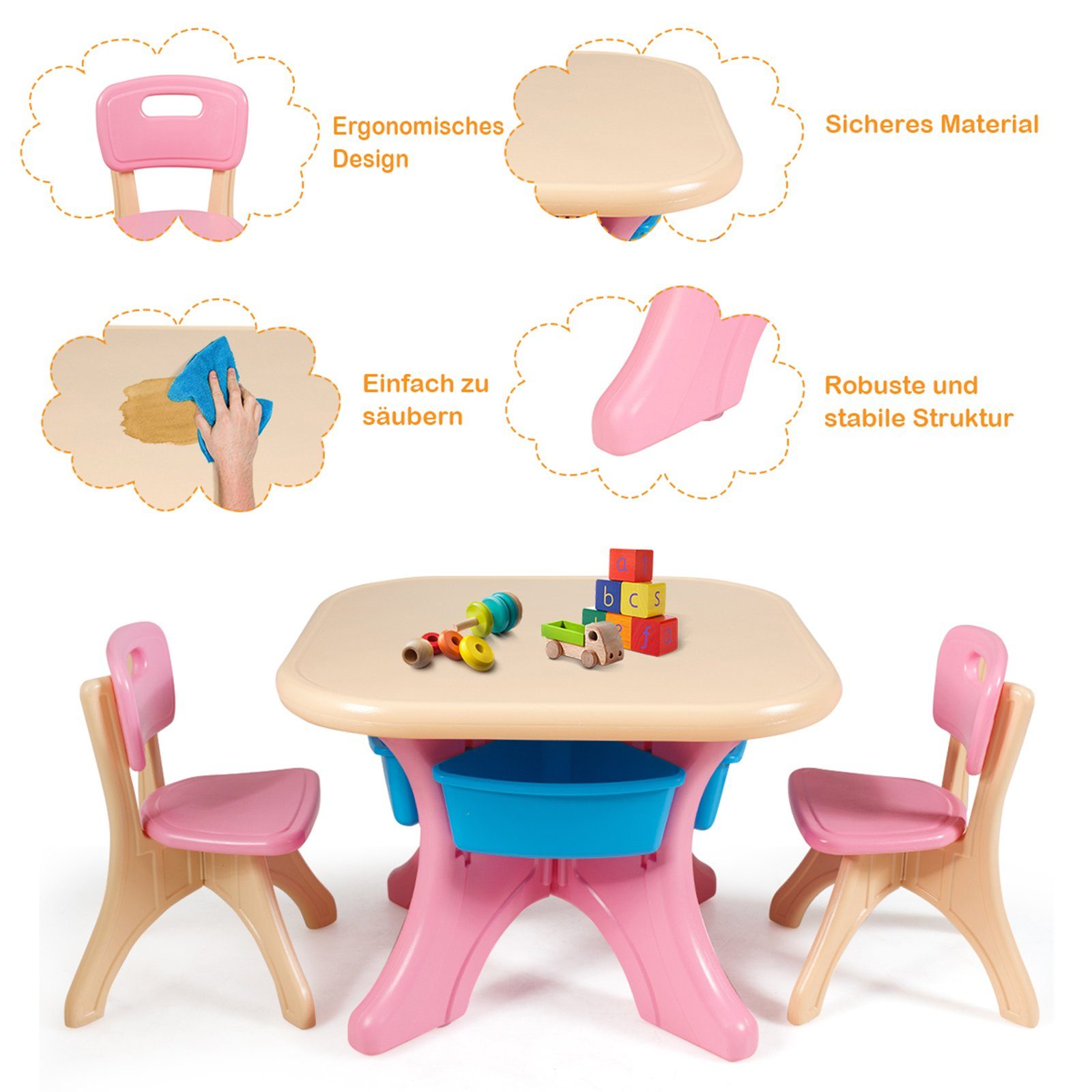 COSTWAY Kindersitzgruppe, mit 2 Rosa Stühlen&Kindertisch, mit Kunststoff Stauraum