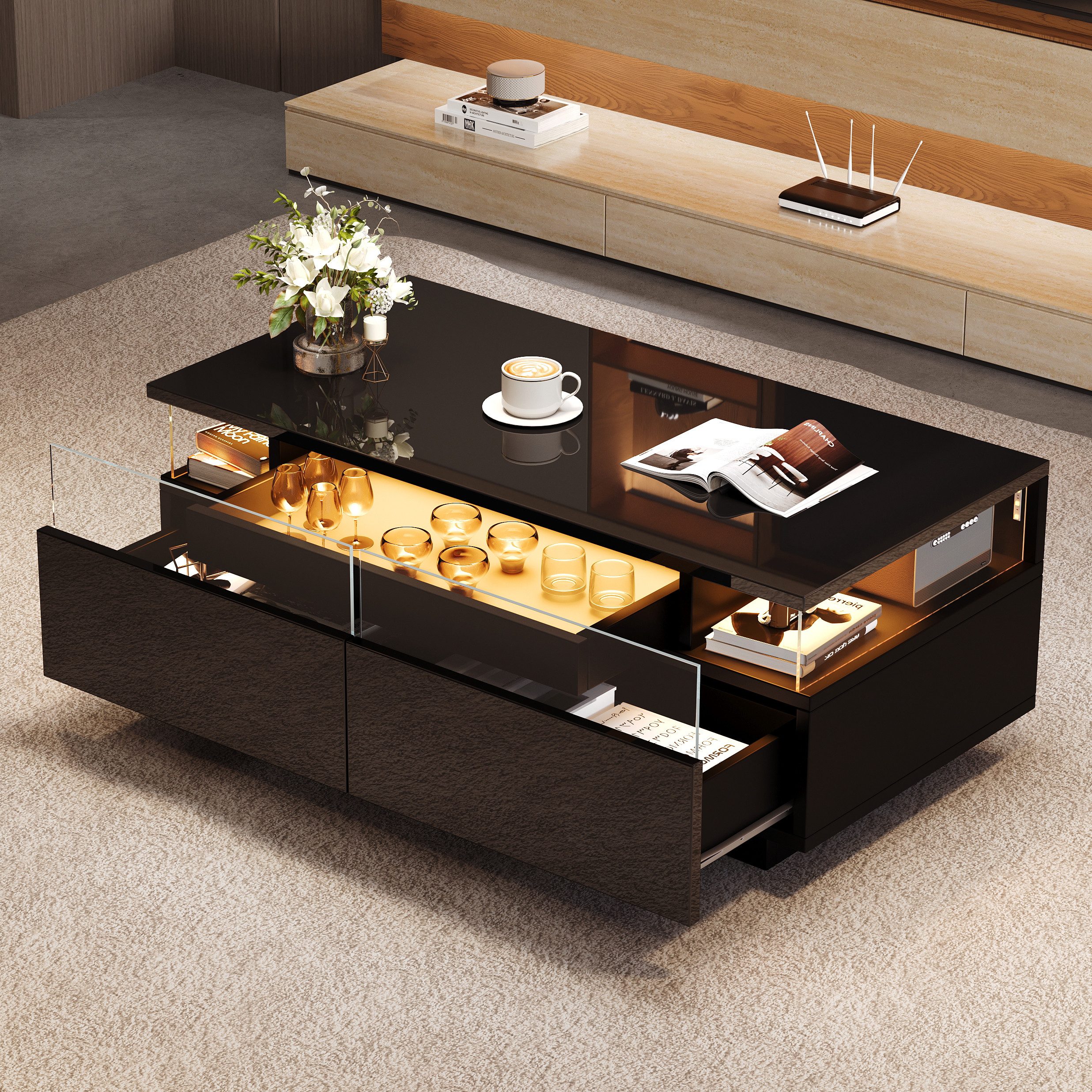 Merax Couchtisch hochglanz Sofatisch Beistelltisch mit LED-Beleuchtung (90x45x35.5cm, 1-St., Schubladen aus Acryl, Glas-Seitenteilen & App-gesteuertem Licht), Wohnzimmertisch mit Tablett, 2 Schubladen & 3 Ebenen Stauraum
