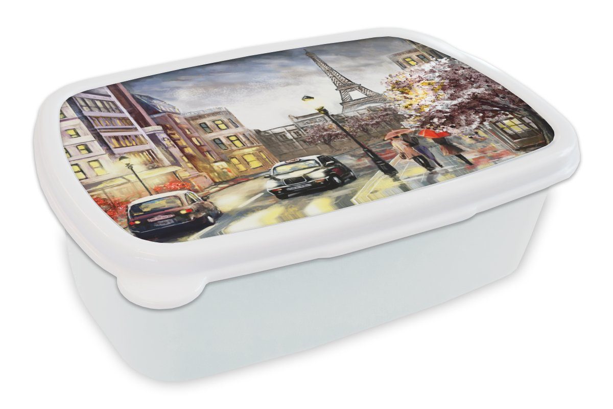 MuchoWow Lunchbox Gemälde - Paris - Frankreich - Öl, Kunststoff, (2-tlg), Brotbox für Kinder und Erwachsene, Brotdose, für Jungs und Mädchen weiß