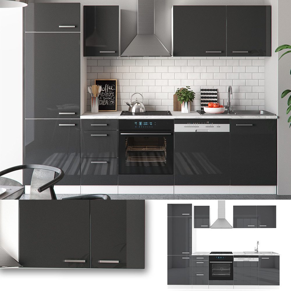 Vicco Küchenzeile Optima, Anthrazit Hochglanz/Weiß, 270 cm ohne Arbeitsplatte