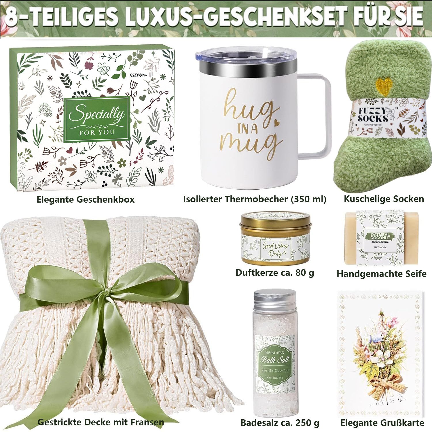 Xruiy Pflege-Geschenkbox Geburtstagsgeschenke für Frauen, Selbstpflegegeschenke für Frauen mit Thermobecher, Kuschelsocken, Duftkerze, Badesalz, handgemachter Seife & Decke, – Geschenkidee für Valentinstag, Geburtstag oder Weihnachten