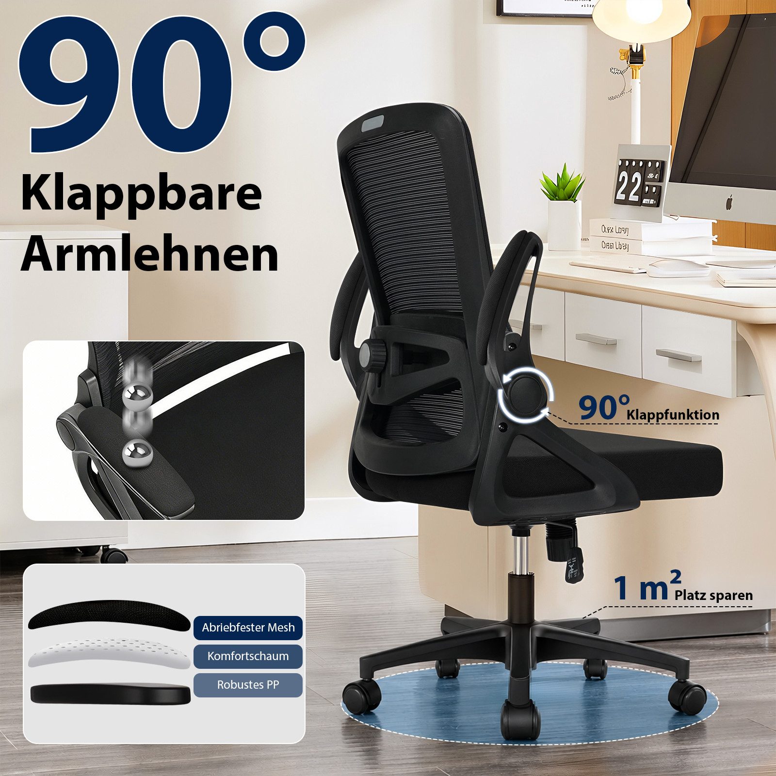Hoolamyie Bürostuhl Schreibtischstuhl mit klappbaren Armlehnen & 2D-Lendenstütze (Atmungsaktiver Mesh-Rücken mit Lendenstütze, Wippfunktion, gepolsterten Klappa – Bild 4 von 5