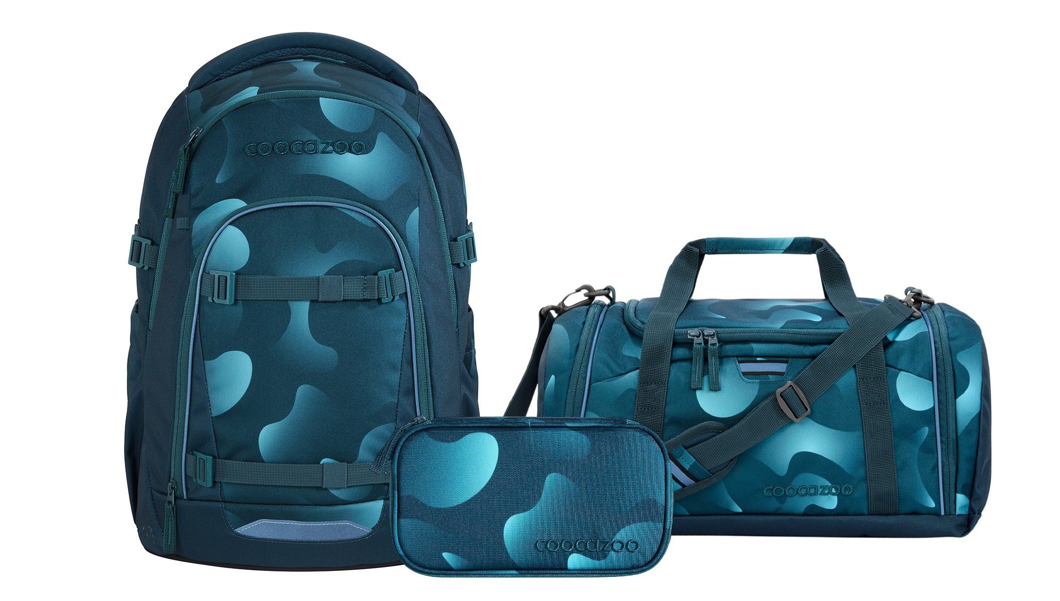 coocazoo Schulranzen Schulrucksack-Set MATE Aqua Flow 3-teilig (3-teilig), ergonomisch, Körpergröße: 135 - 180 cm, Easy-Grow-System