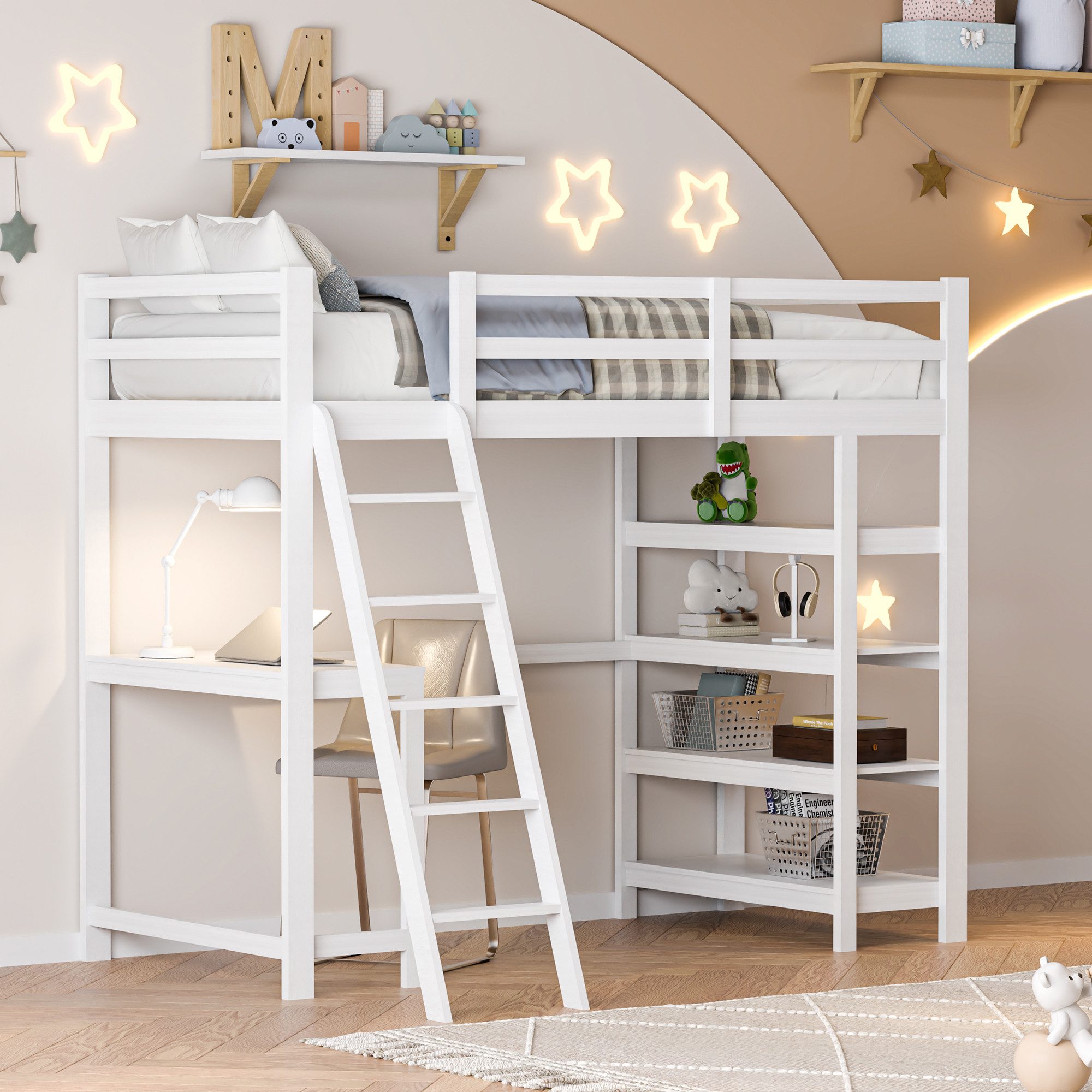 Gdood Loft Bed, Storage Bed, Double Bed (1-pc., Incl. Slatted Frame, Safety Rail) Wooden Bed with Stairs, Recreation Area, Storage Space, 90x200 cm