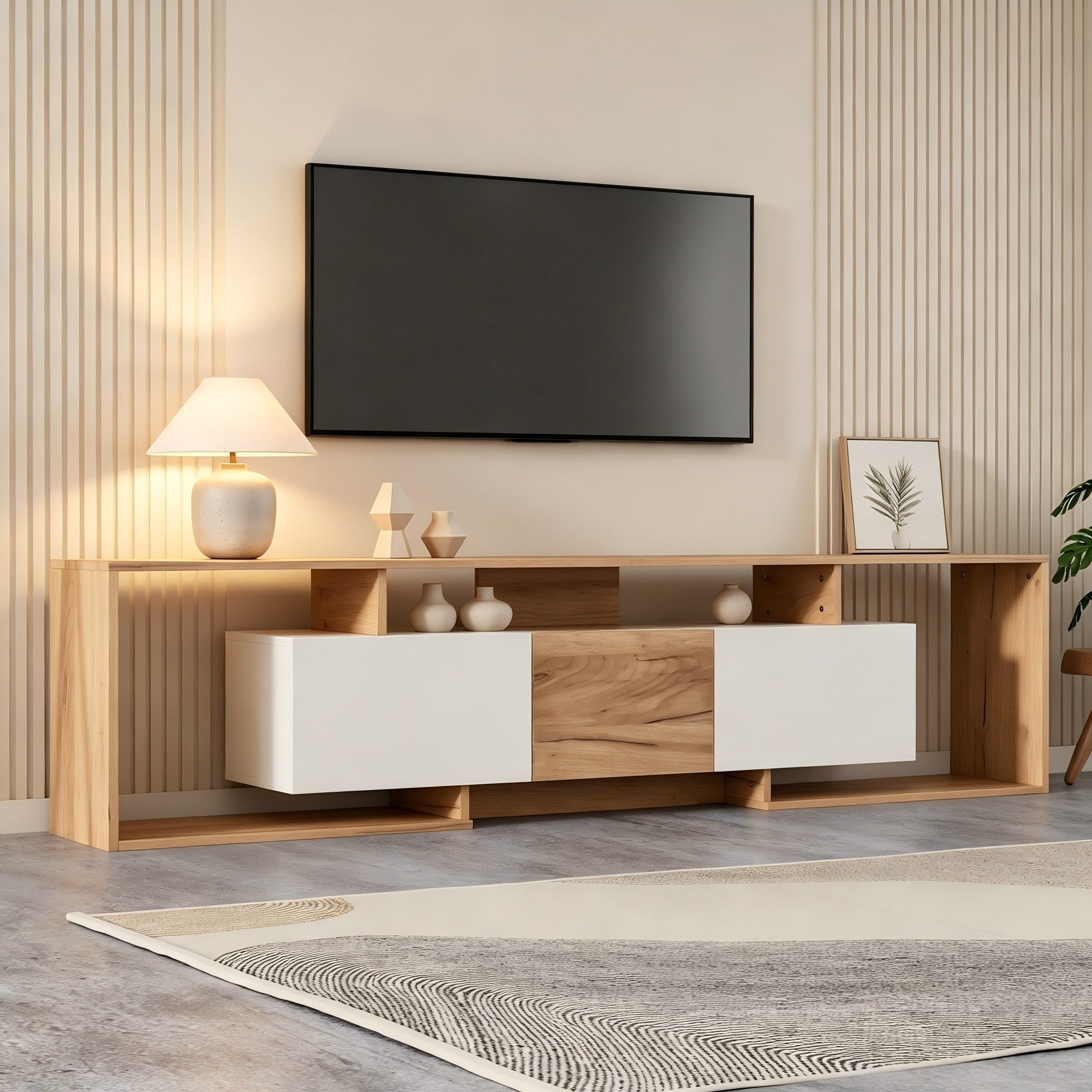 Odikalo TV-Schrank Lowboard Fernsehschrank mit offene Lagerflächen (mit 2 Klapptüren 1 Drehtür 3 offene Lagerflächen für TVs bis 85 Zoll Geeignet 180x30x49cm)