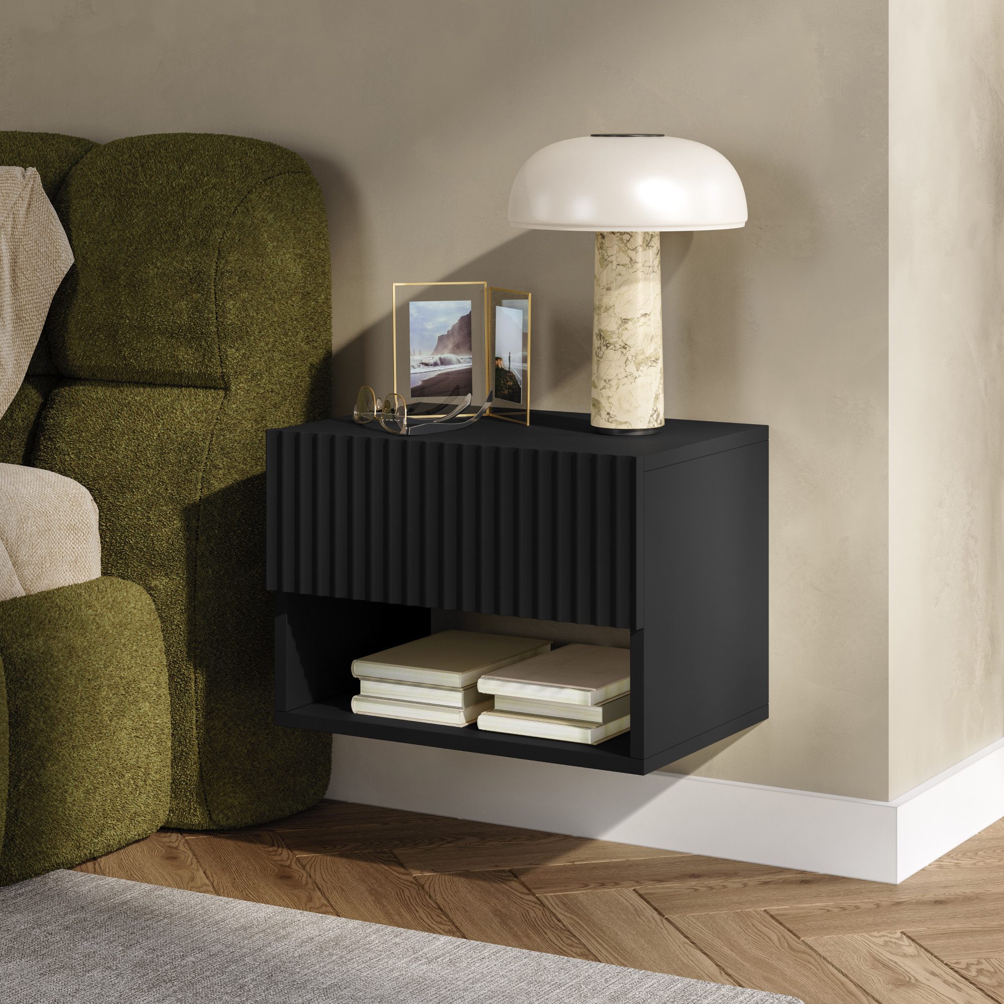 en.casa Nachttisch (1-St), »Nand« hängend mit Schublade und Ablagefach 42x30x30 cm Schwarz