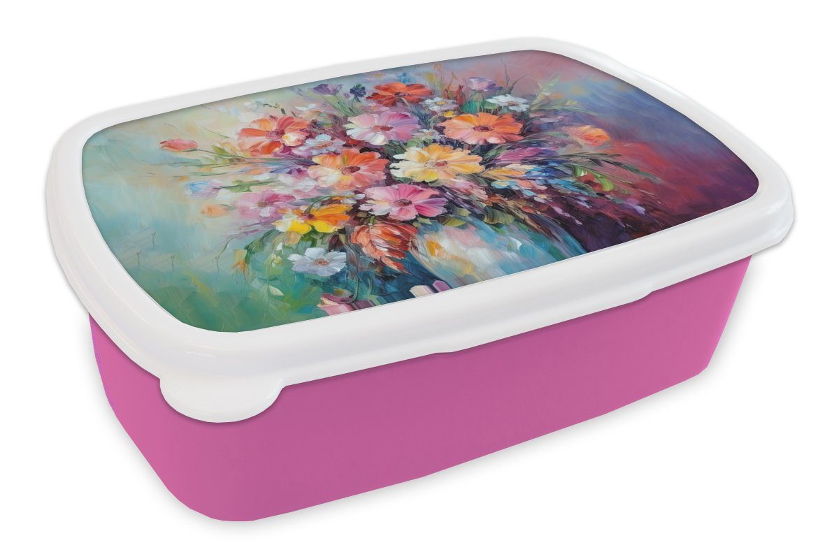 MuchoWow Lunchbox Blumen - Kunst - Malerei - Frühling - Blumenstrauß, Kunststoff, (2-tlg), Brotbox für Erwachsene, Brotdose Kinder, Snackbox, Mädchen, Kunststoff rosa