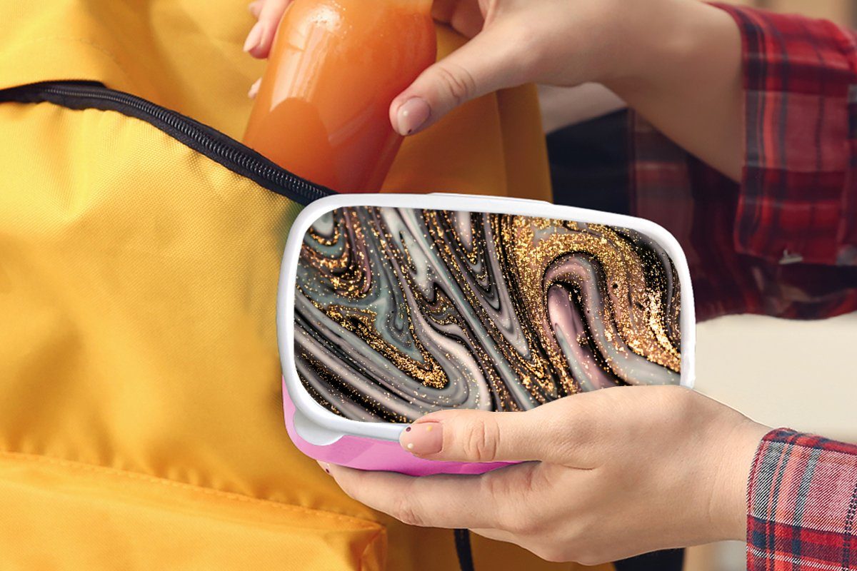 MuchoWow Lunchbox Marmoroptik - - - Brotbox (2-tlg), Weiß, - - für Erwachsene, Luxus Kunststoff, Mädchen, Kinder, Marmor Snackbox, Brotdose Kunststoff Glitter Gold rosa