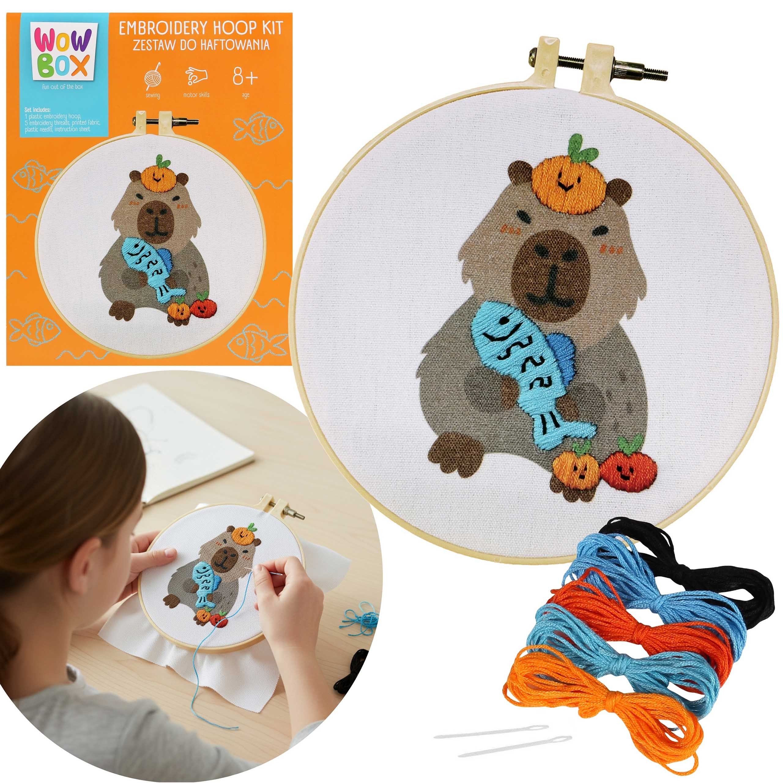 WOW Stickerbuch Wow Box- CAPYBARA Wasserschwein Lunch Stickerei-Set mit Stickrahmen 8+