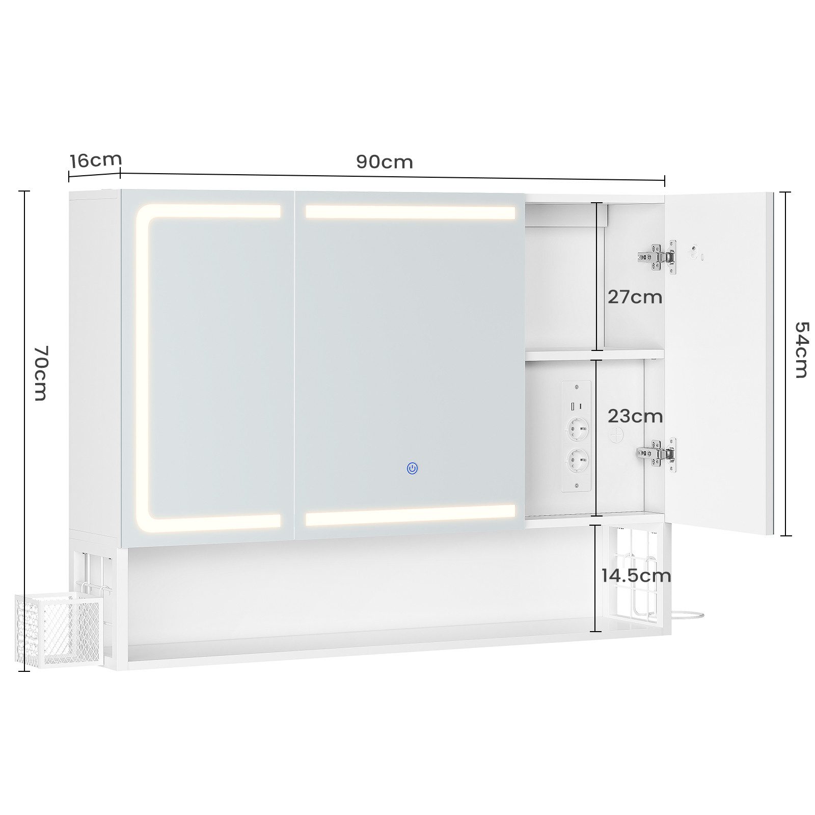 MSMASK Badezimmerspiegelschrank mit LED-Beleuchtung & Steckdose, Spiegelschrank (1-St) 3 Türen, 1 offener Einlegeboden, 90×16×70 cm, Weiß