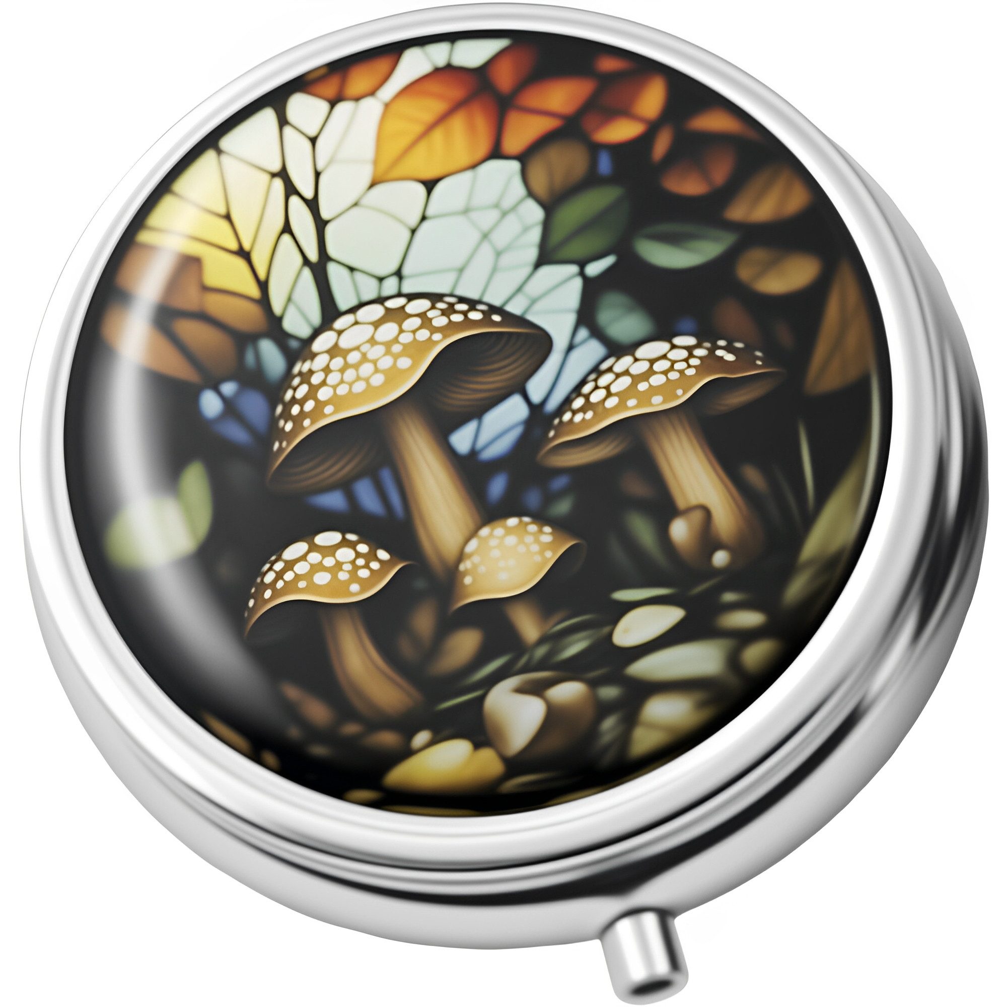 The Beauty House Pillendose Kompakte Pillendose im Glasfenster-Stil, mit Schmetterling, Rose, Pilzen & Naturmotiven