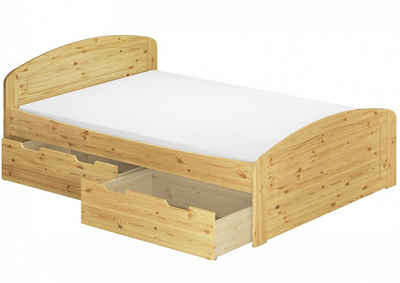 ERST-HOLZ Bett Französisches Bett mit 3 Bettkästen, Matratze und Lattenroste 140x200, Kieferfarblos lackiert
