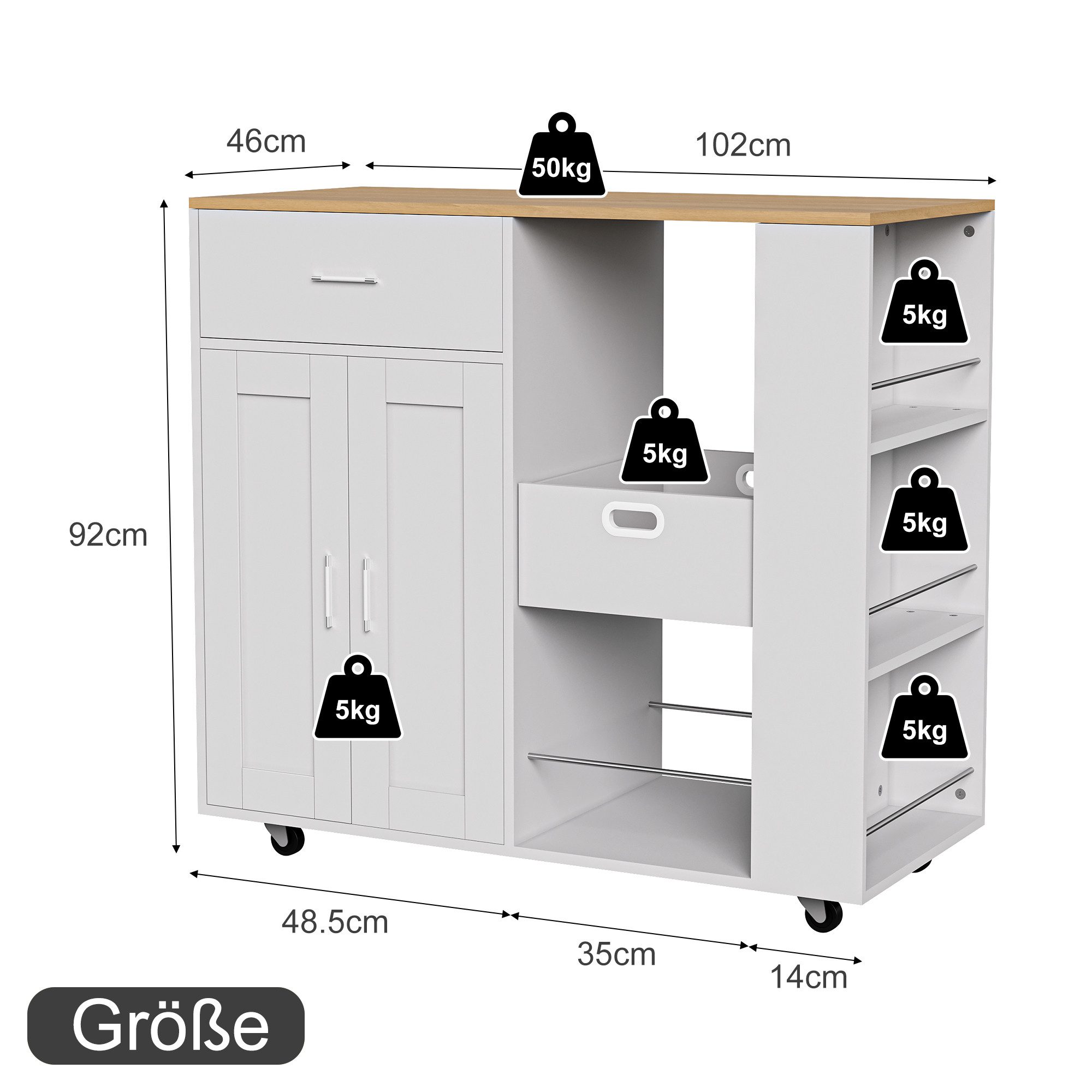 FUROKOY Kücheninsel Küchenwagen auf Rollen, Holz Bewegliche Kücheninsel, (mit Schubladen, Regale, Aufbewahrungsboxen und ein Gewürzregal), für Küche und Esszimm – Bild 4 von 5
