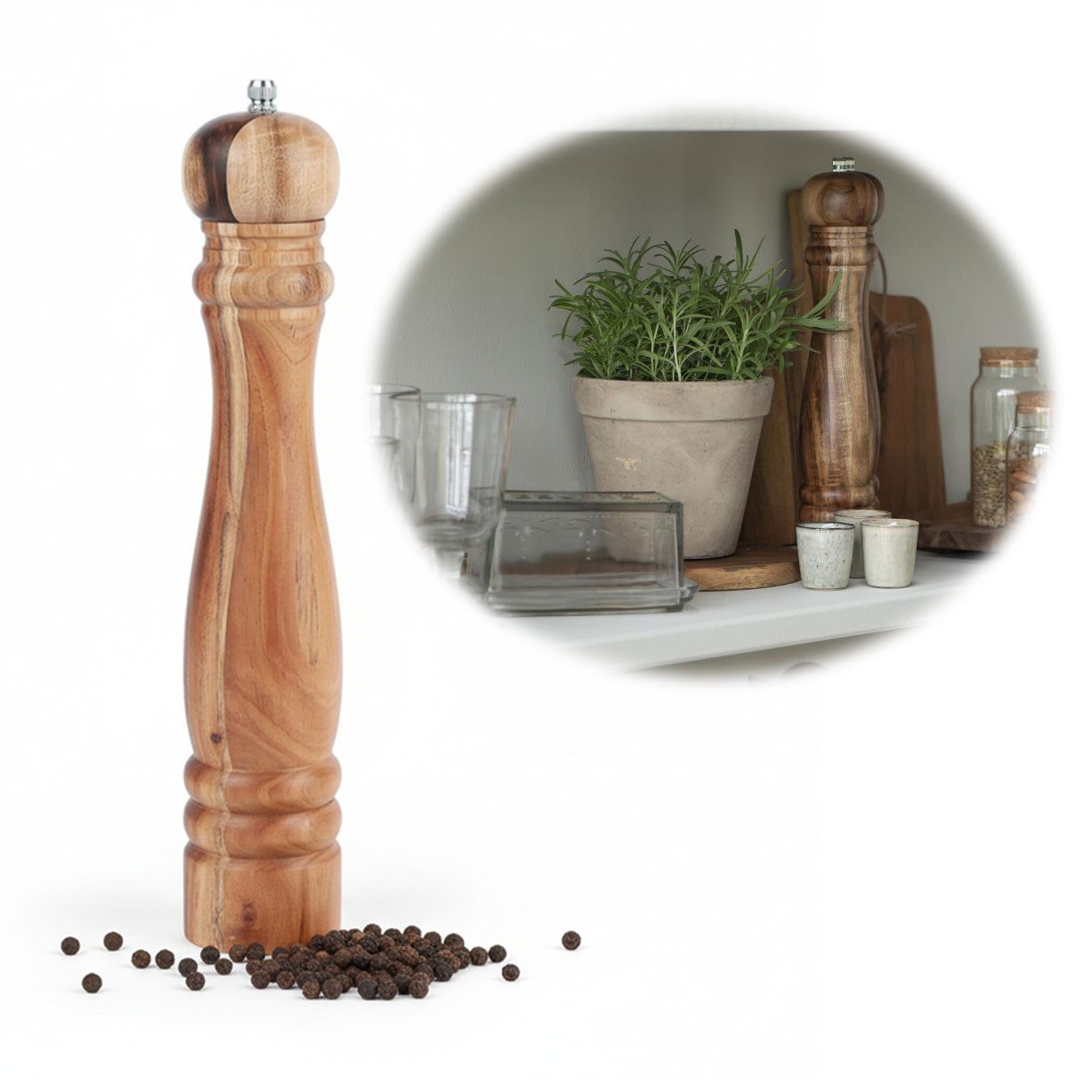 LS-LebenStil Salz-/Pfeffermühle XL Holz Salzmühle & Pfeffermühle Akazie 32cm Keramikmahlwerk Mühle manuell, (1 Stück), Gewürzmühle grobes Salz schwarze Pfefferkörner Chili Muskatnuss