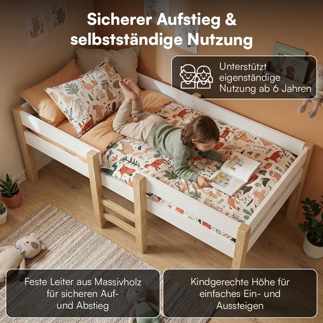 Bellabino Hochbett Aspy mit Rausfallschutz und Lattenrost 90x200 cm (natur / weiß, optional mit Matratze) verfügbar in verschiedenen Ausführungen