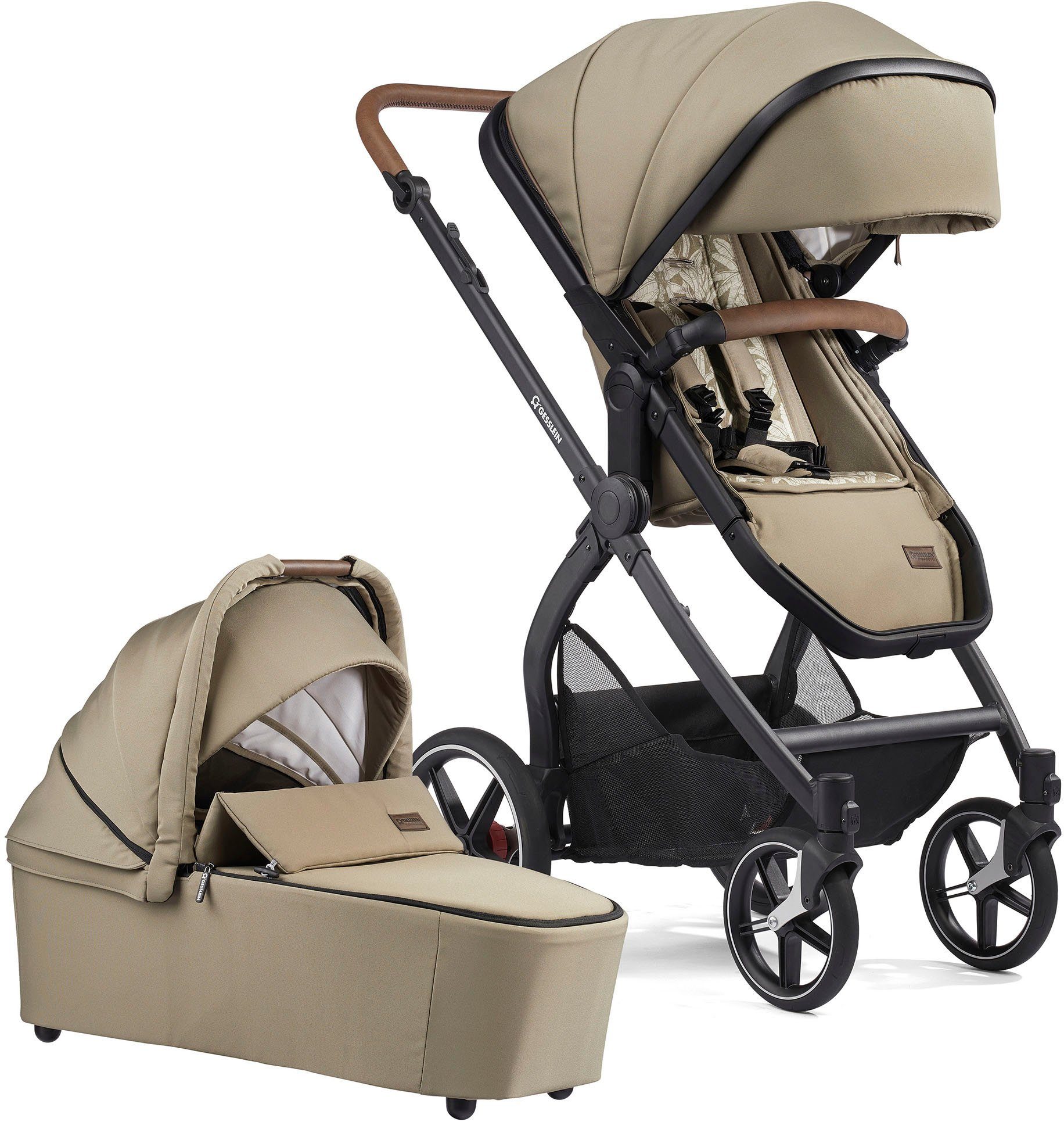 Kombi-Kinderwagen Soft+ mit C3 Life, mit Aufsatz und Babywanne Babyschalenadapter farn, schwarz/tabak, Gesslein FX4