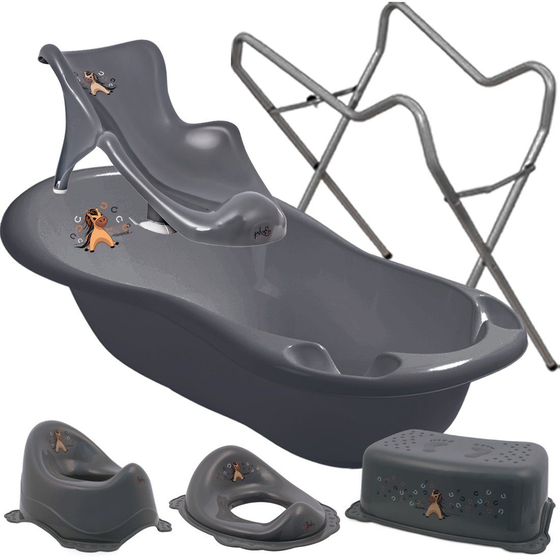 Maltex Babybadewanne Grau + + Badesitz PONY Aufsatz in Graphit 5-tlg (Made Europe + Premium ** Gestell Gestell Babybadeset + + Zubehör - ** Pflege, Babywanne Topf + WC Hocker Set), Set