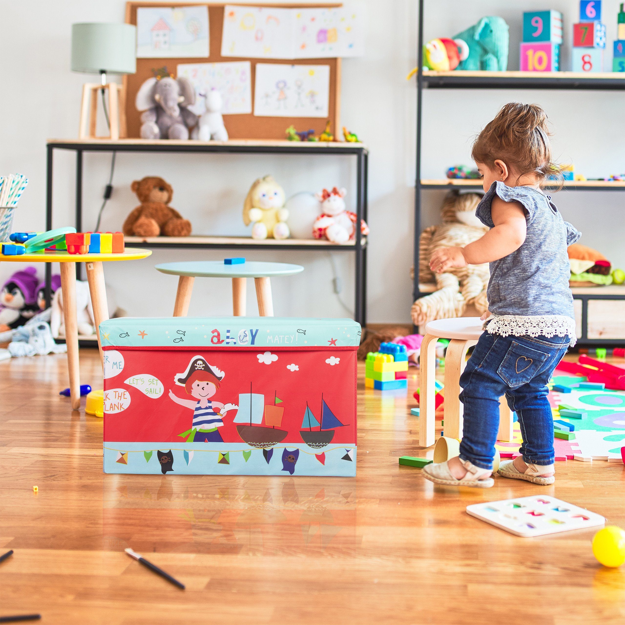 für Rot Gelb Sitzhocker Kinder, Hellblau Pirat relaxdays Sitzbox