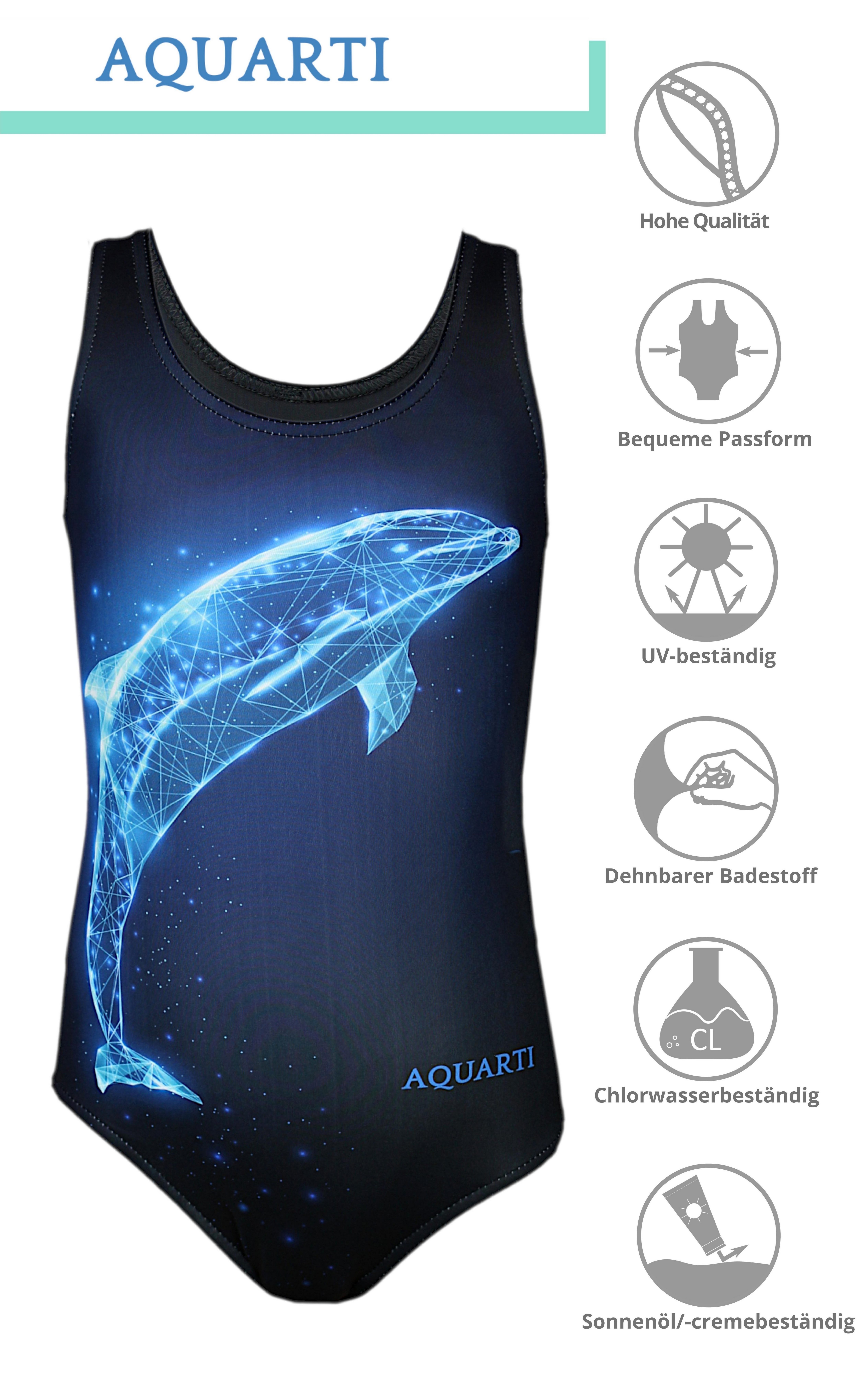 Aquarti Badeanzug Aquarti Mädchen Ringerrücken Schwarz mit Delfin Blau Badeanzug Digital / Print