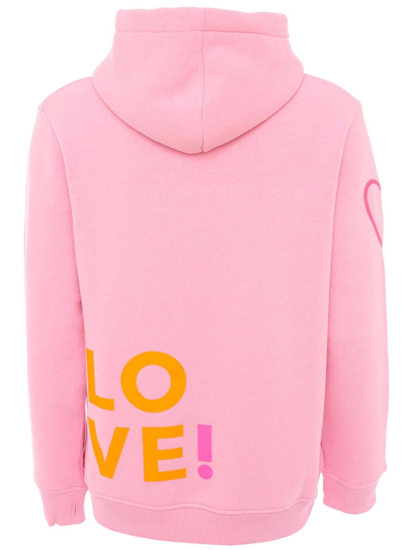Zwillingsherz Kapuzensweatshirt mit gesticktem Neon Herz am Ärmel und "Love" Schriftzug auf Kordel