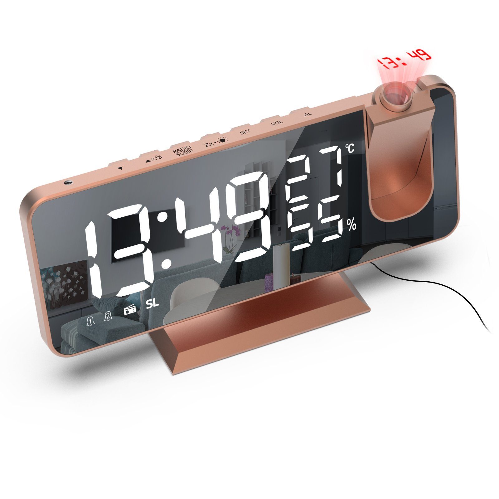 OKWISH Projektionswecker Digital Wecker Radiowecker Digitalwecker Projektion LED Alarm Radio ohne Akku Projektion 180 ° Dual-Alarm Temperatur 12/24H USB-Anschluss Farbe Ziffer Weiß Schale Rosegold