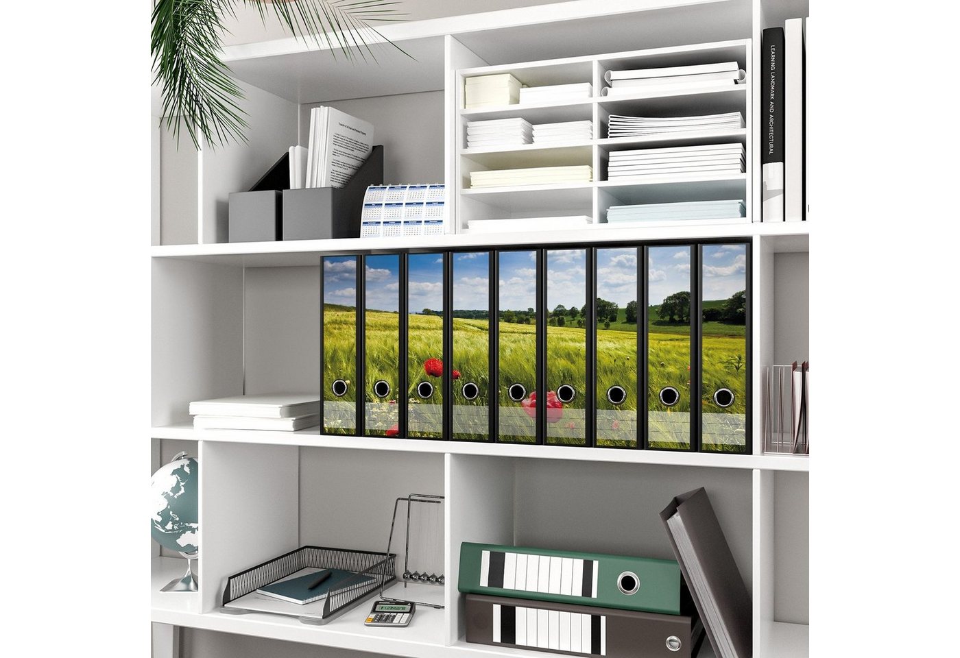 Thumbnail - Wallario Etiketten Mohnblumenwiese auf grüner Wiese unter blauem Himmel, Ordnerrücken-Sticker in verschiedenen Ausführun...