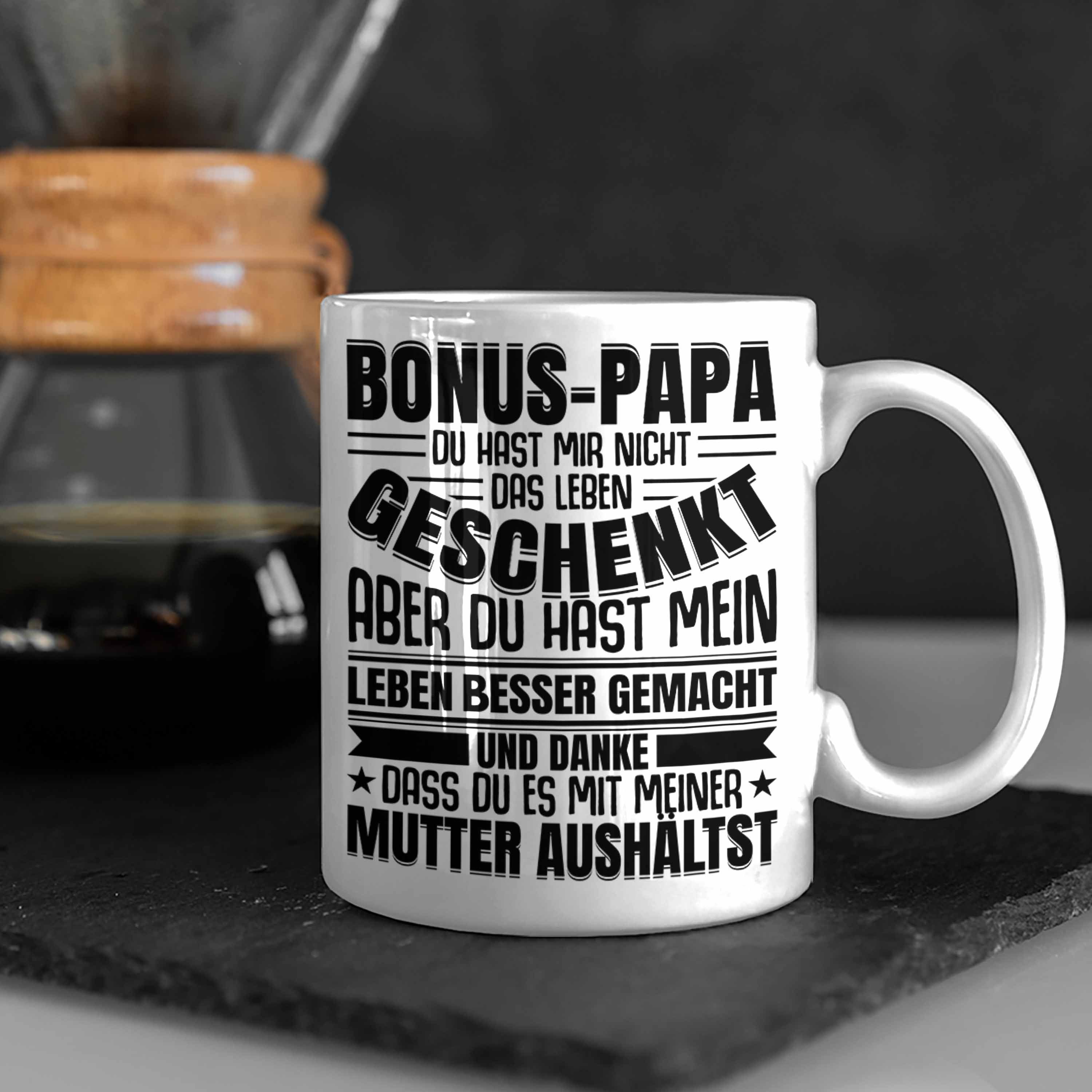 Vatertag Weiss Bonus Lustiger Trendation - Tasse Spruch Tasse Geschenk Stiefpapa Stiefvater Geschenkidee Trendation