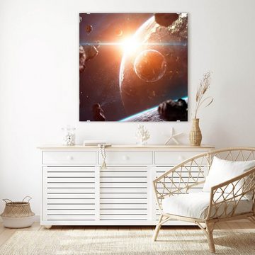 Primedeco Glasbild Wandbild Quadratisch Sonnenlicht im Weltall mit Aufhängung, Weltall