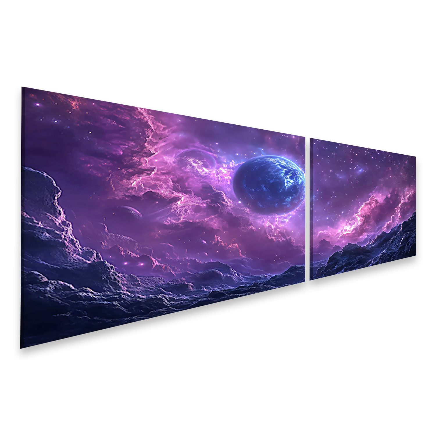 Leinwandbild Mystischer Planet schwebt im lila Universum im lilafarbenen All - für