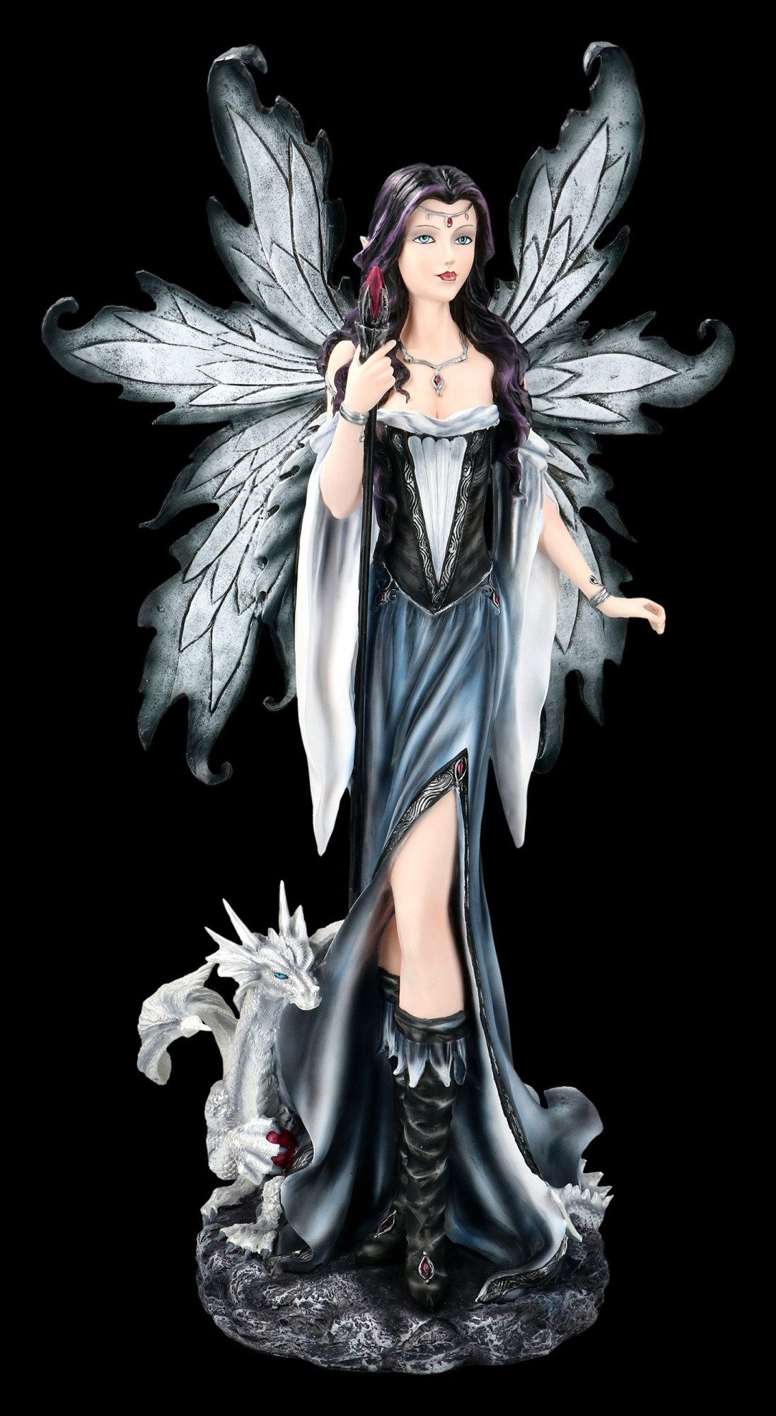 Figuren Shop GmbH Fantasy-Figur Elfen Figur – Fantasy Statue mit Drache und Zauberstab 64 cm Fee Deko