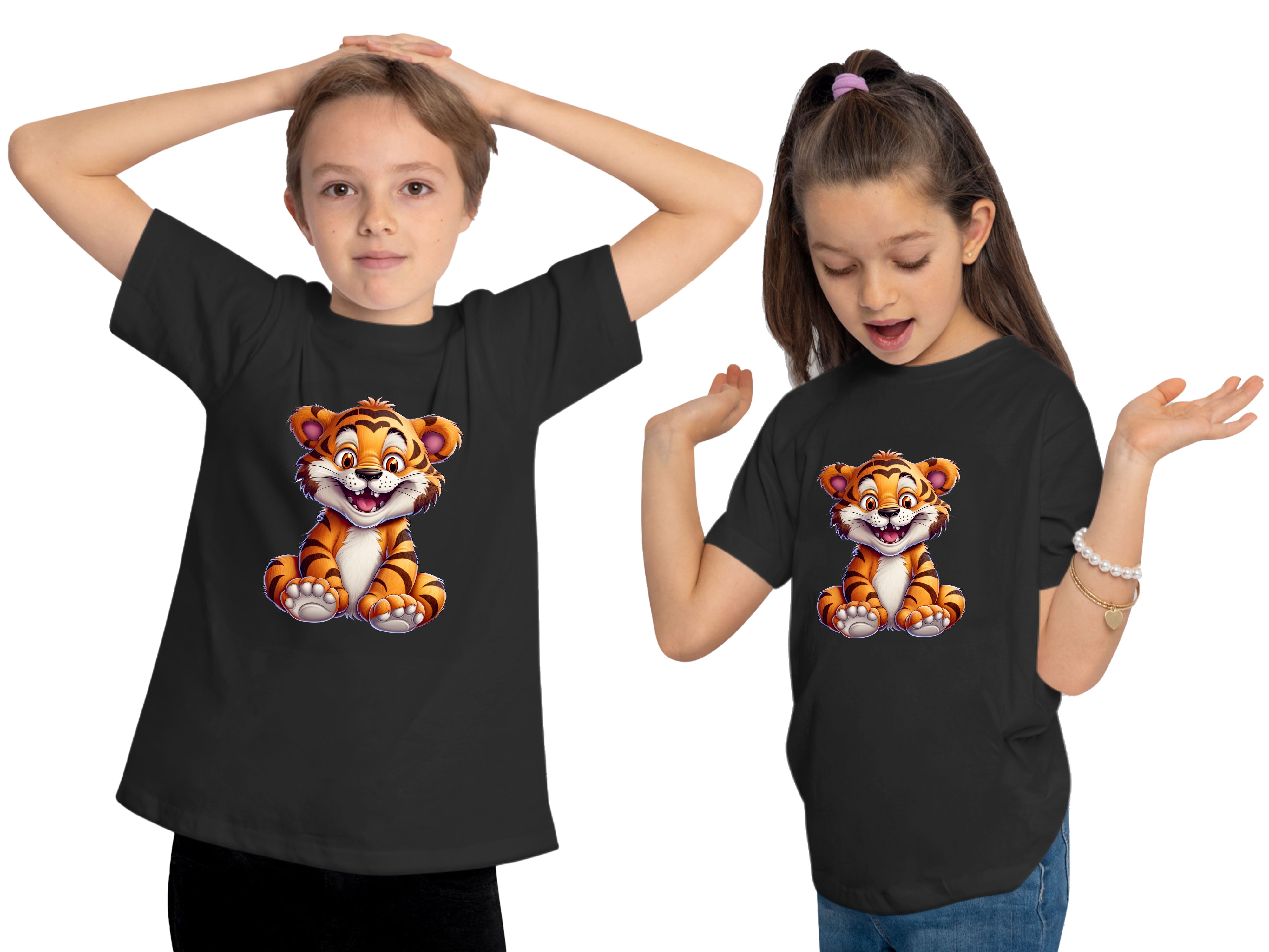 MyDesign24 T-Shirt Kinder Wildtier Print mit Baby i278 Aufdruck, Baumwollshirt Shirt Tiger schwarz - bedruckt