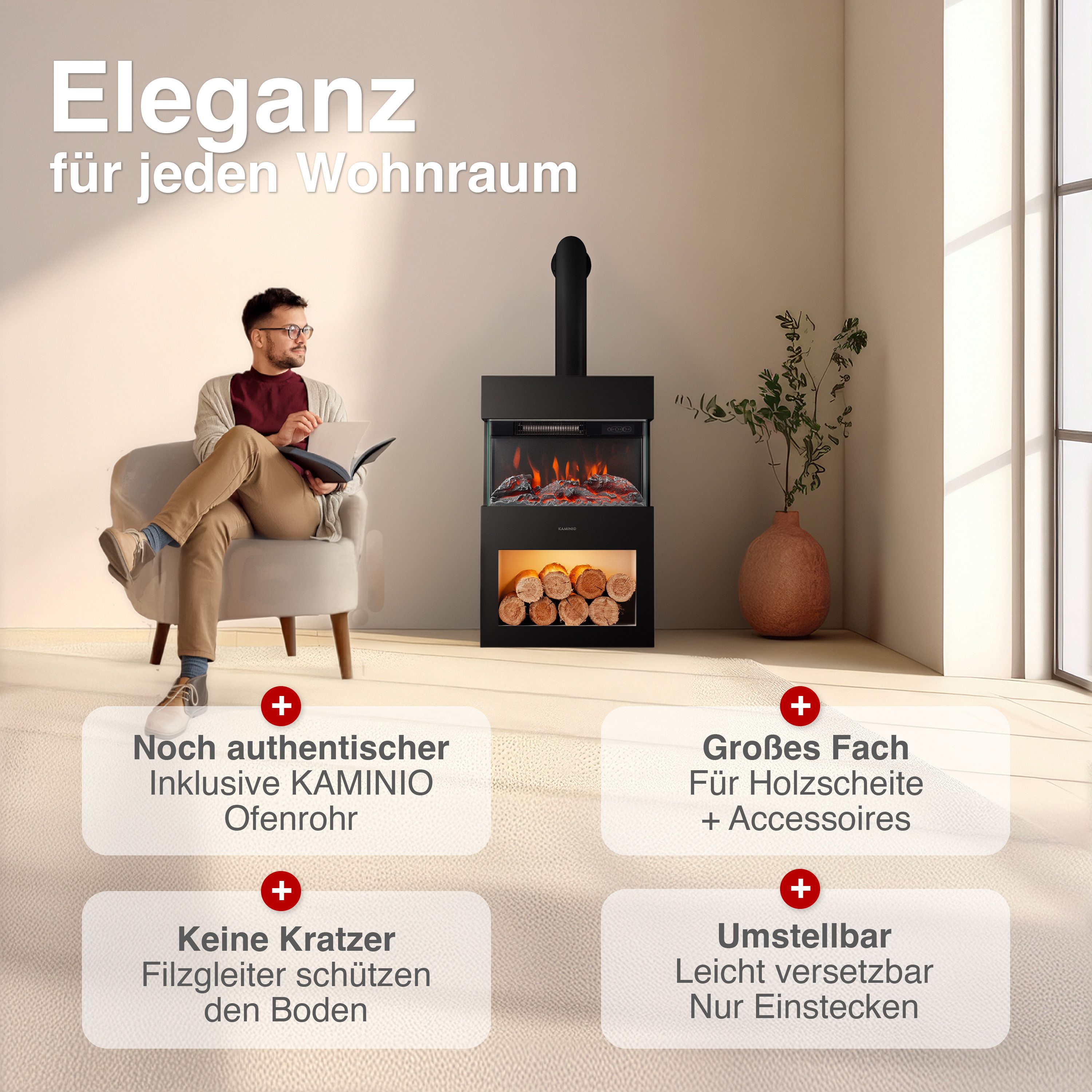 KAMINIO Elektrokamin HENRI mit Abzugsrohr, Elektrischer Kamin mit 3D-Flammeneffekt, Heizung 2000W