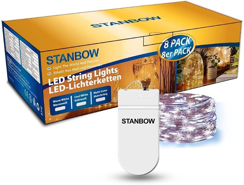 Nettlife LED-Lichterkette 8er-Pack Kupferdraht Batteriebetriebene Weihnachtsdekoration Kalteweiß Lichter, 2M