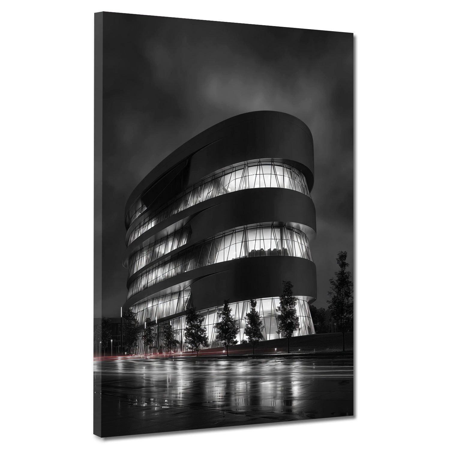 Artedinoi Leinwandbild Mercedes Museum Stuttgart Regen schwarz weiß Leinwandbild Wandbild Kun, Automuseum Stuttgart im Regen, S/W
